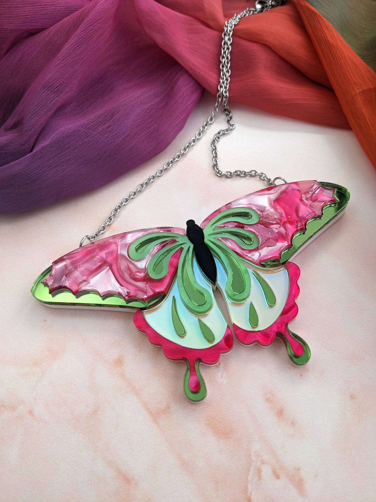 Butterfly Necklace Pink/Green (new recycled acrylic)