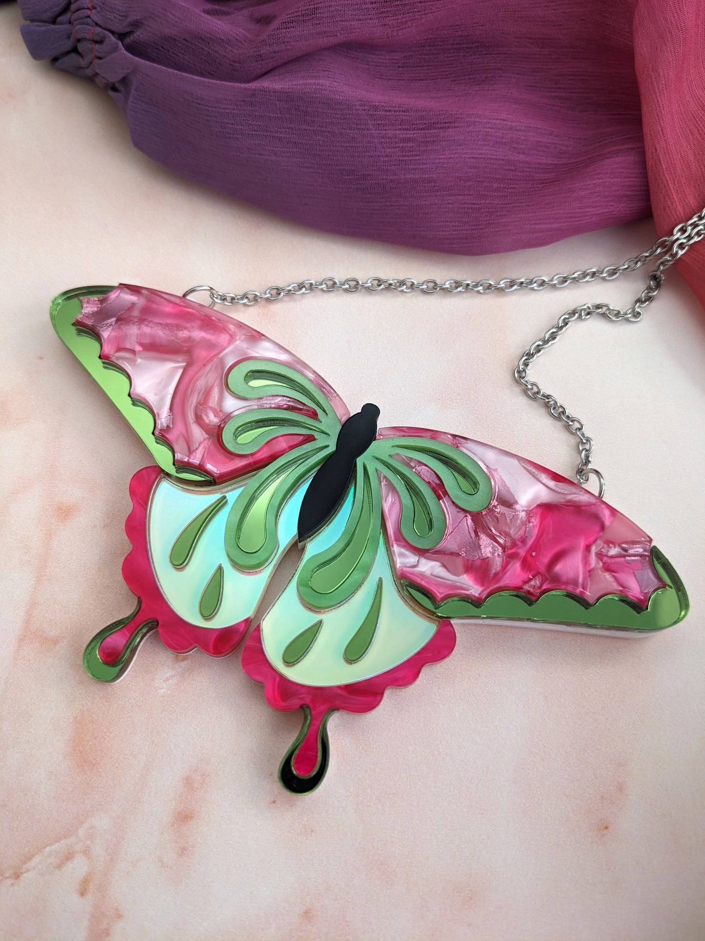 Butterfly Necklace Pink/Green (new recycled acrylic)