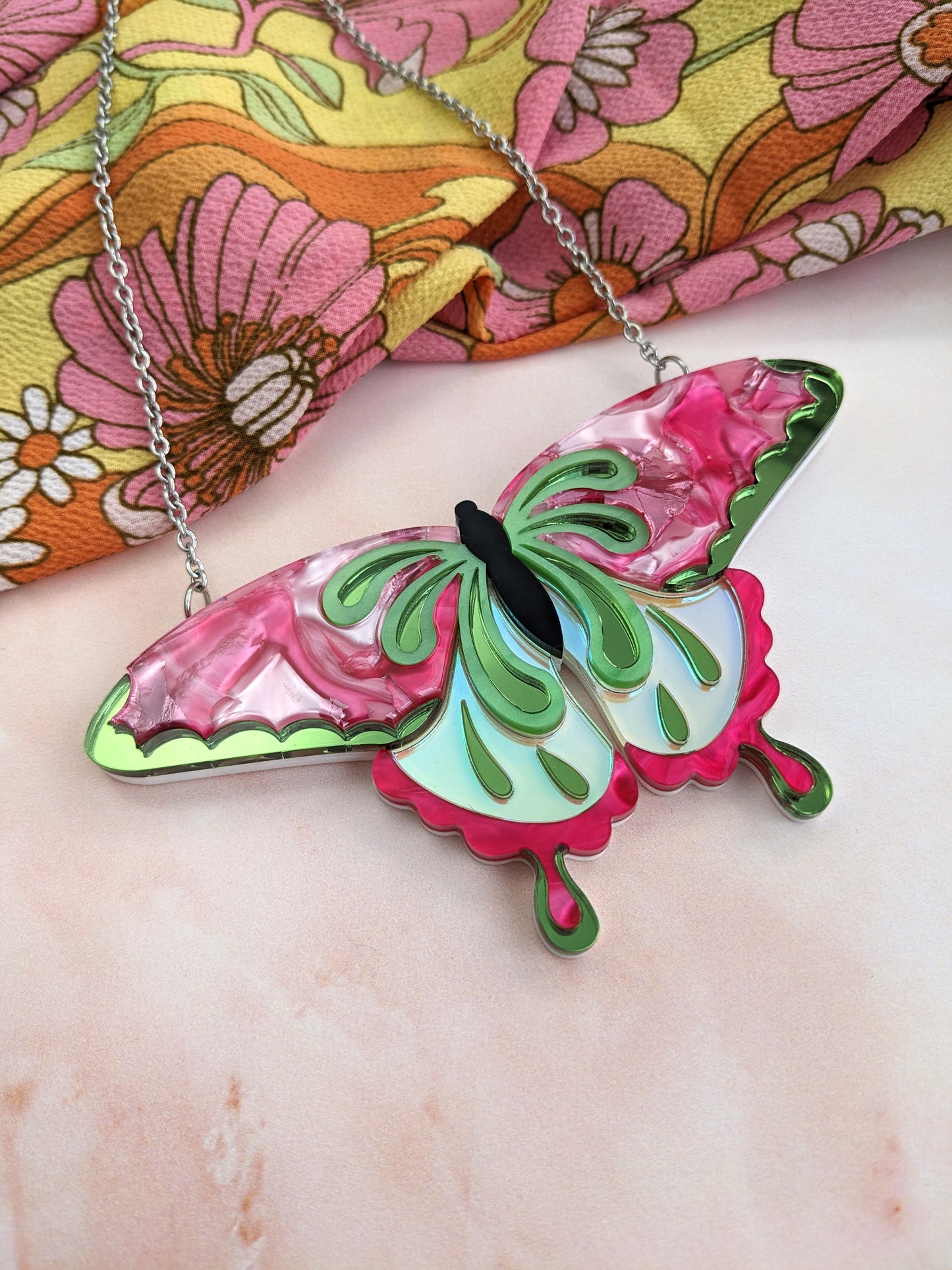 Butterfly Necklace Pink/Green (new recycled acrylic)