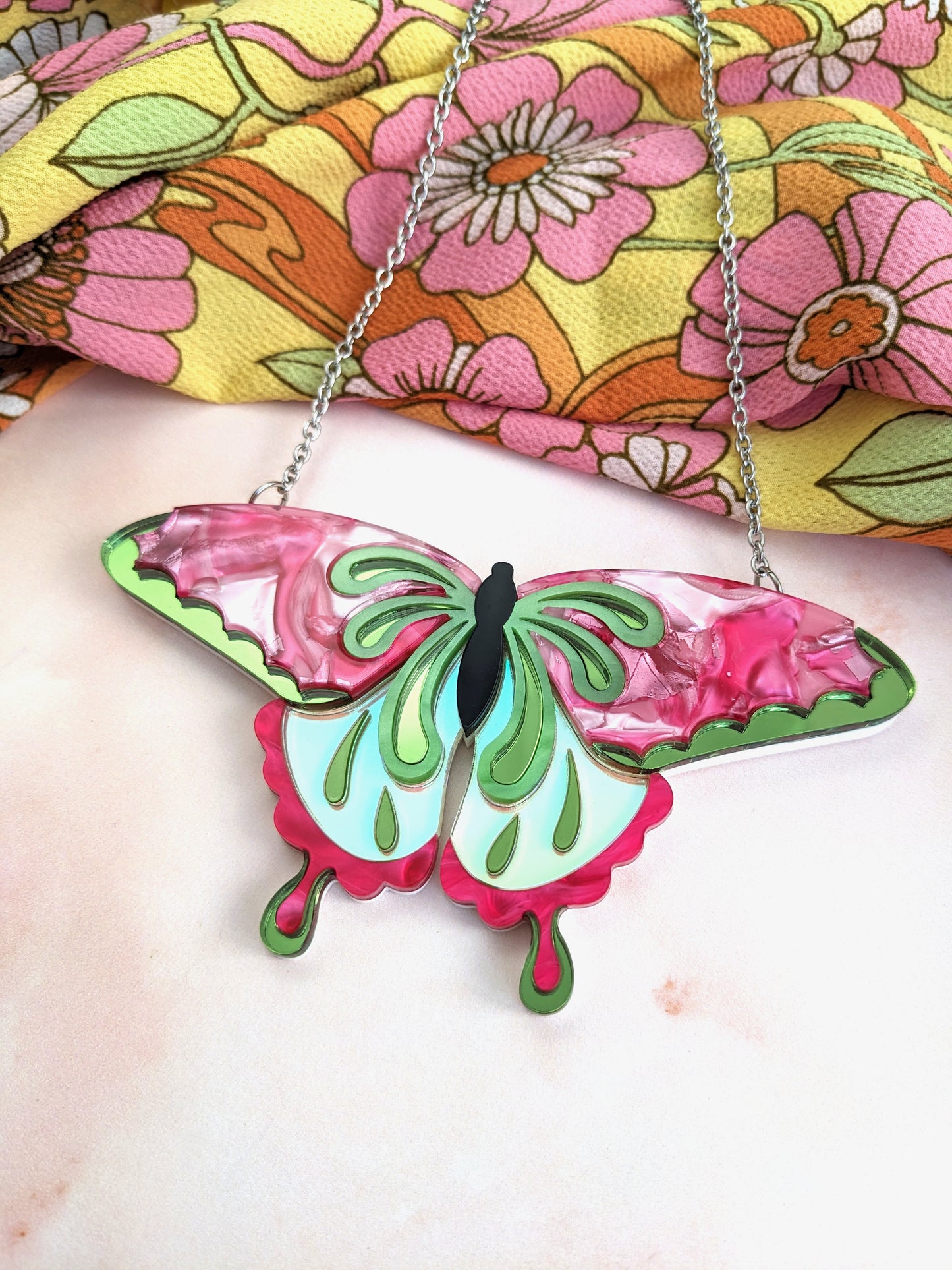 Butterfly Necklace Pink/Green (new recycled acrylic)