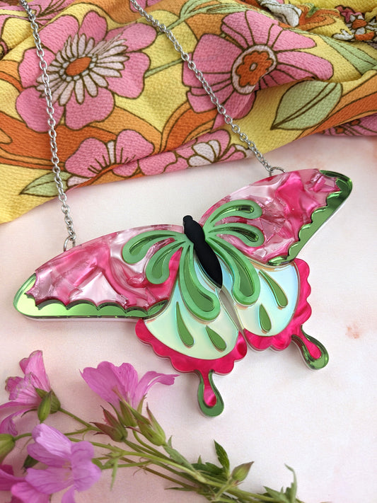 Butterfly Necklace Pink/Green (featuring in house recycled acrylic) - Last 3!