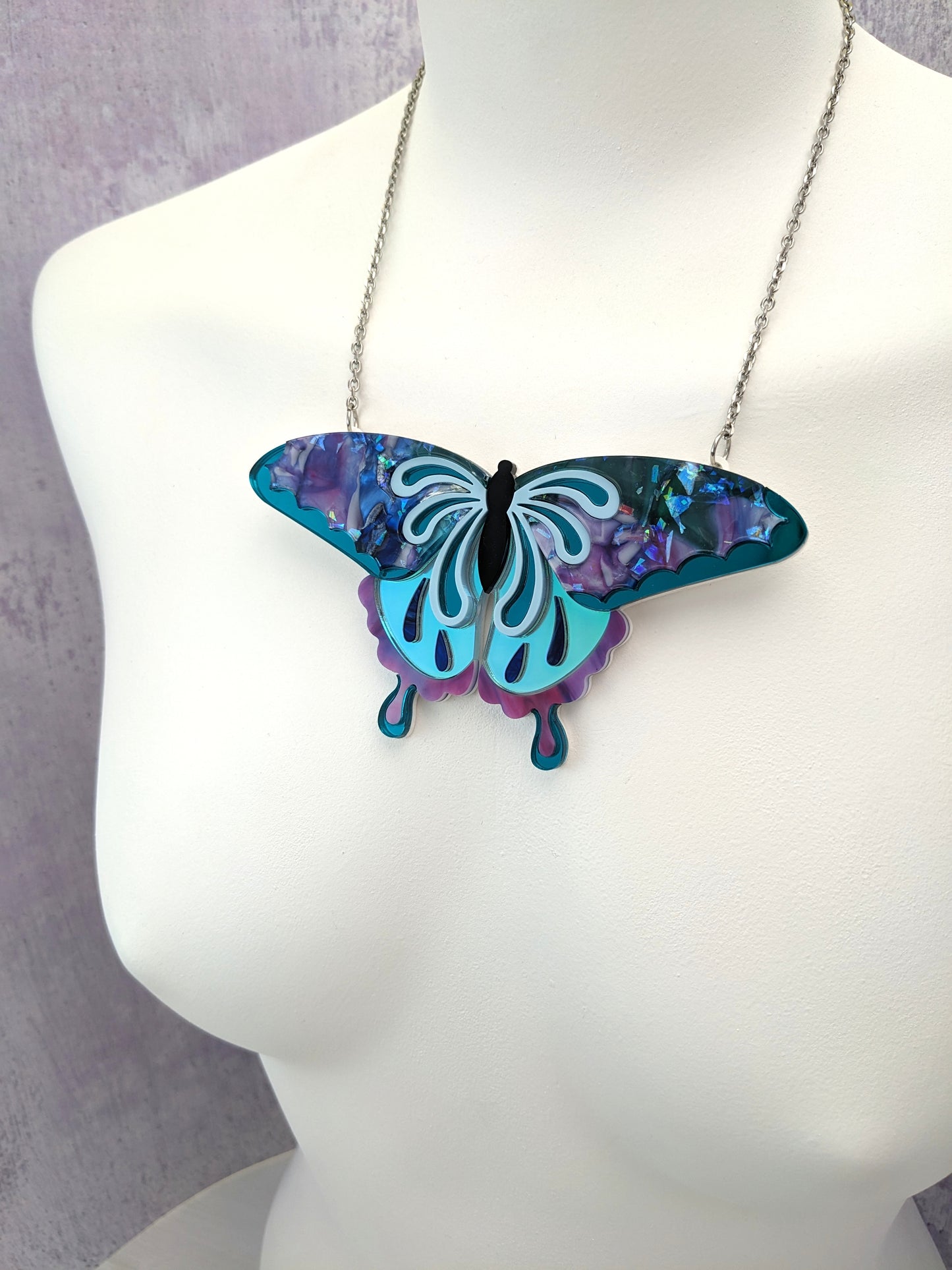 Butterfly Necklace Purple/Teal/Blue (new recycled acrylic)