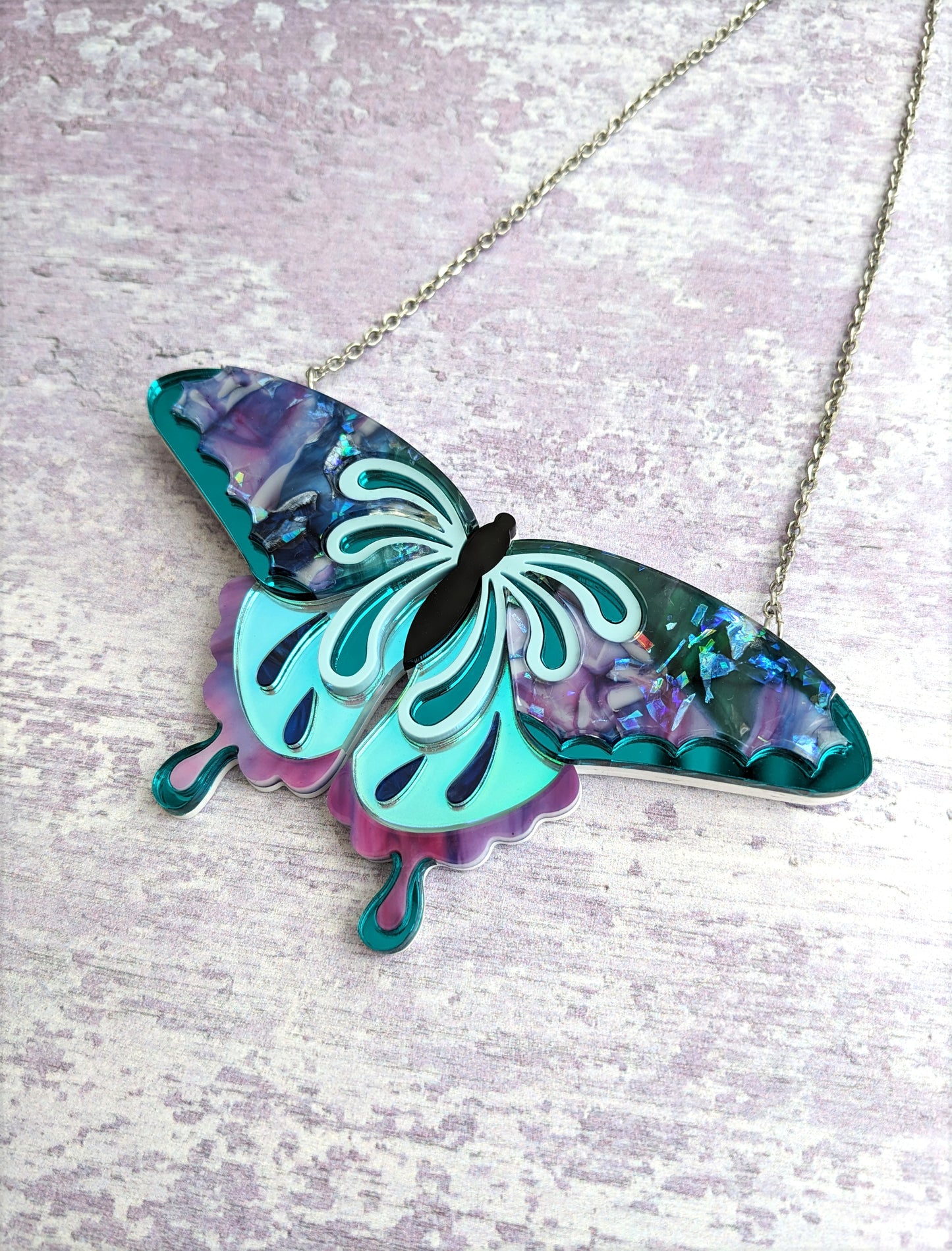 Butterfly Necklace Purple/Teal/Blue (new recycled acrylic)