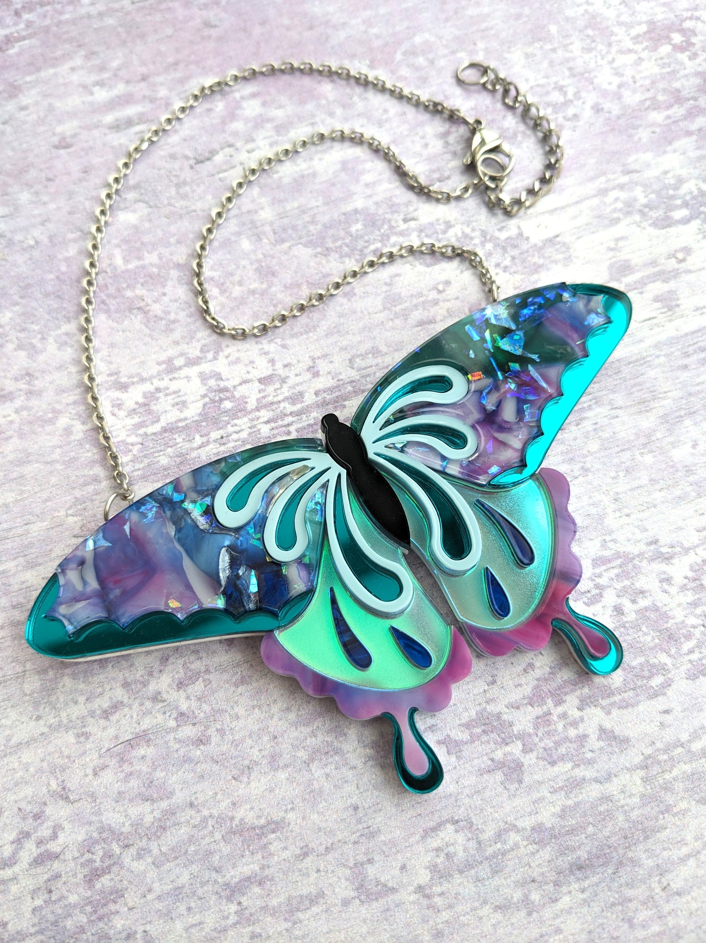 Butterfly Necklace Purple/Teal/Blue (new recycled acrylic)