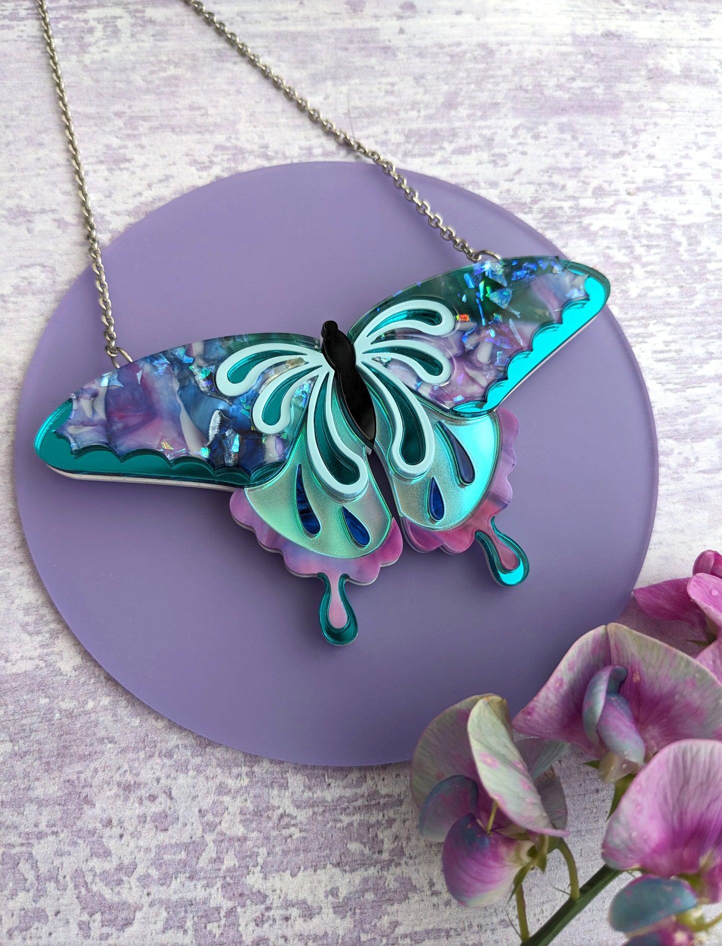 Butterfly Necklace Purple/Teal/Blue (new recycled acrylic)