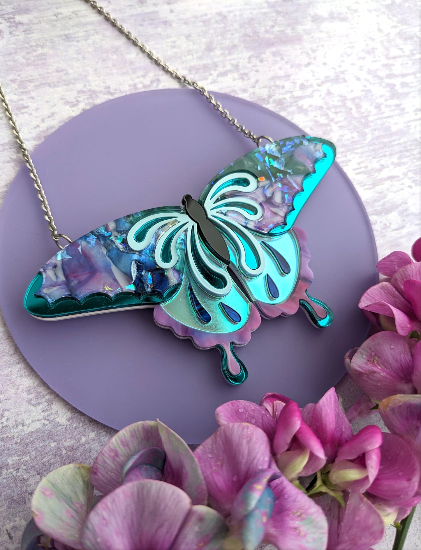 Butterfly Necklace Purple/Teal/Blue (new recycled acrylic)