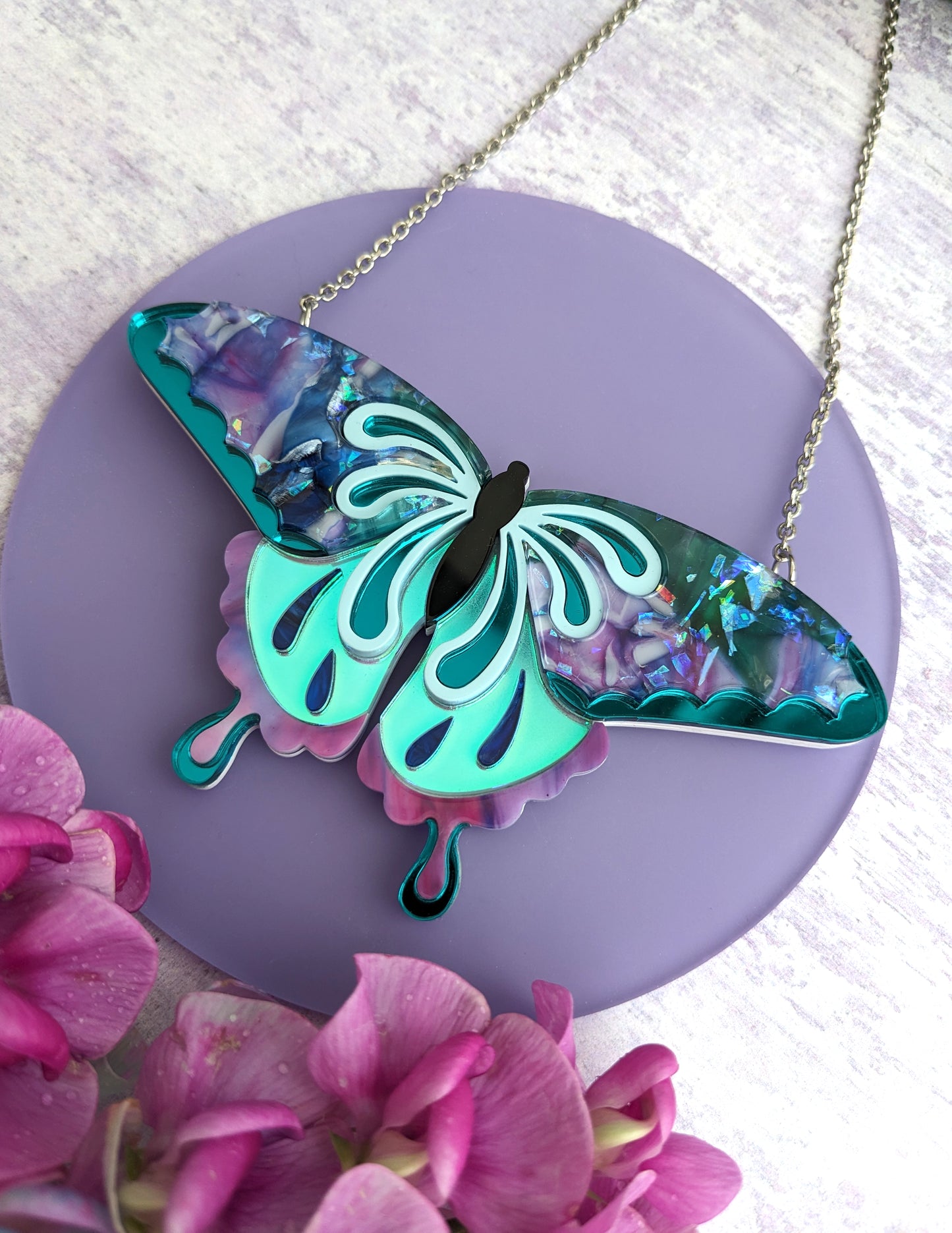 Butterfly Necklace Purple/Teal/Blue (new recycled acrylic)