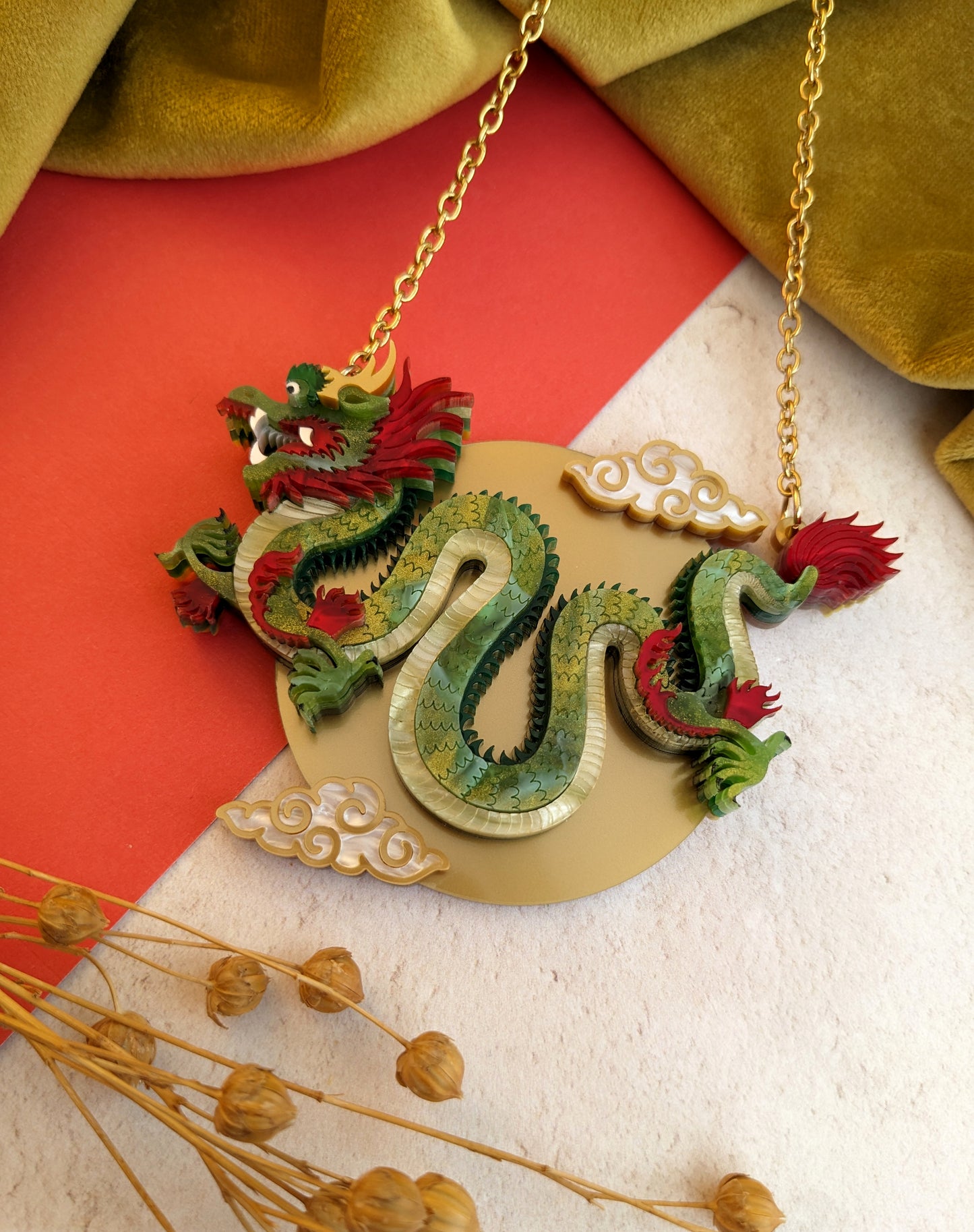 PRE ORDER Chinese Dragon Brooch or Necklace GREEN