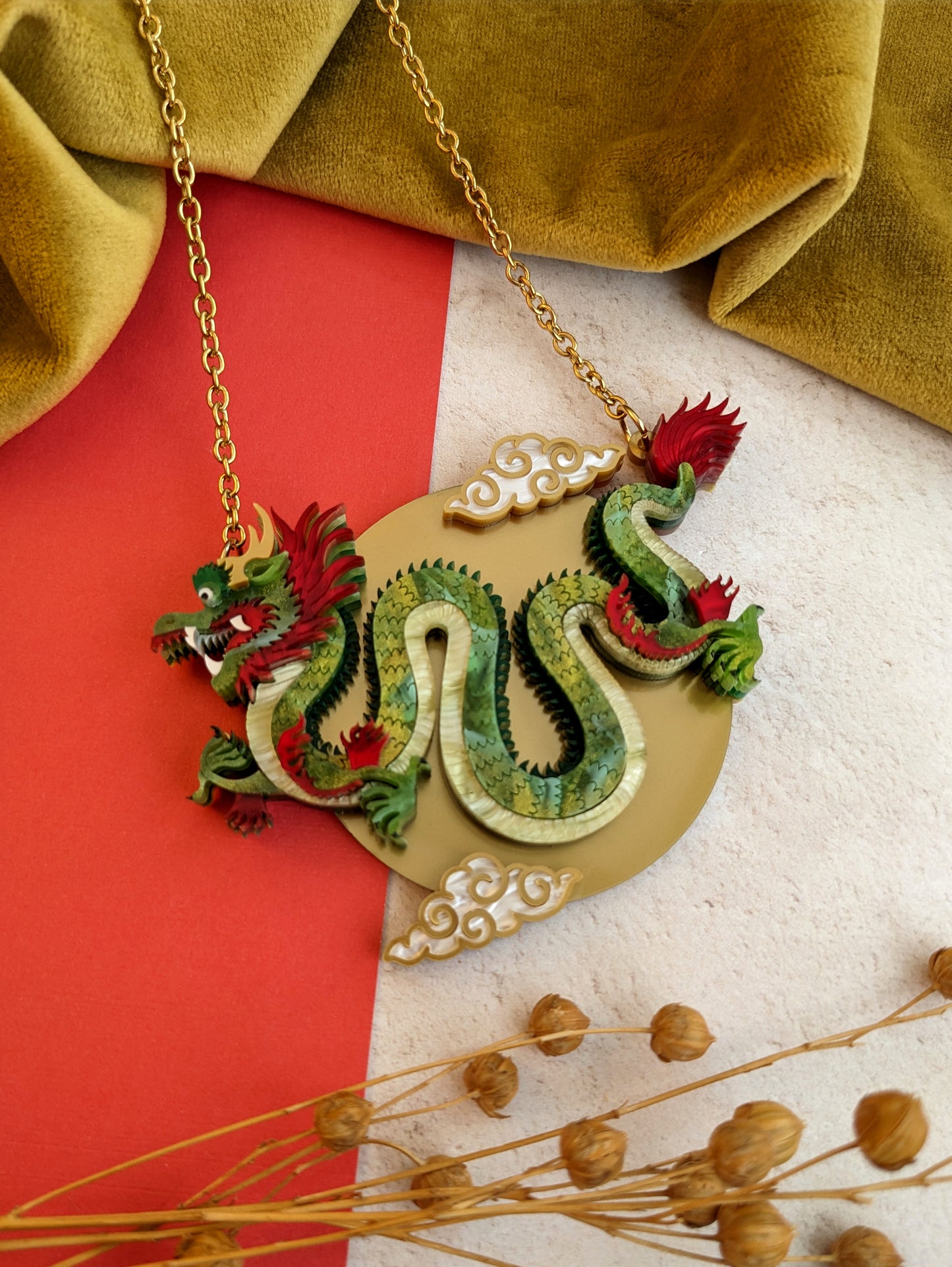 PRE ORDER Chinese Dragon Brooch or Necklace GREEN