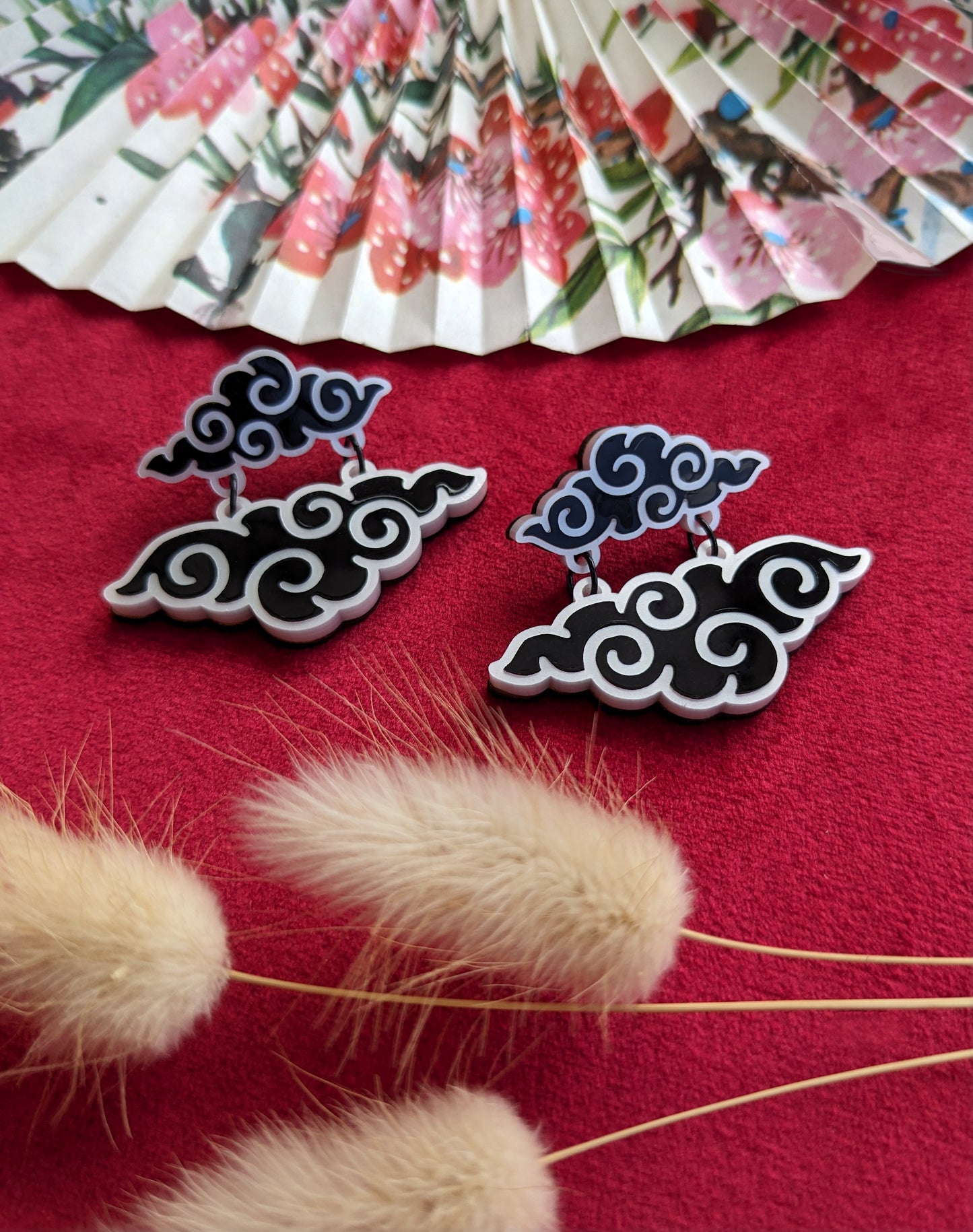 PRE ORDER Chinese Inspired Double Cloud Earrings Black & White (2 types)