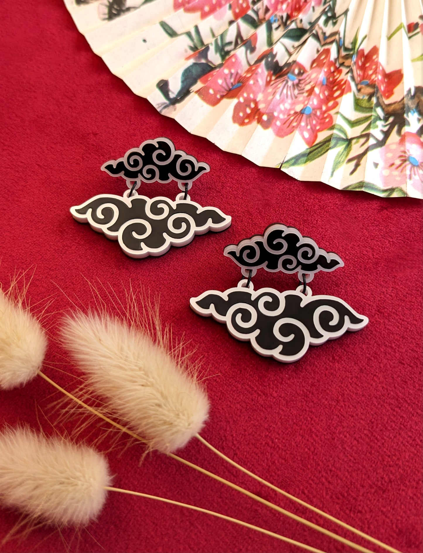 PRE ORDER Chinese Inspired Double Cloud Earrings Black & White (2 types)