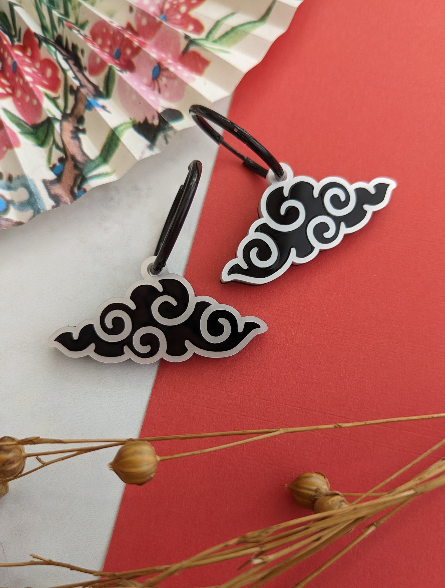 PRE ORDER Chinese Inspired Cloud Hoop Earrings Black & White (2 types)