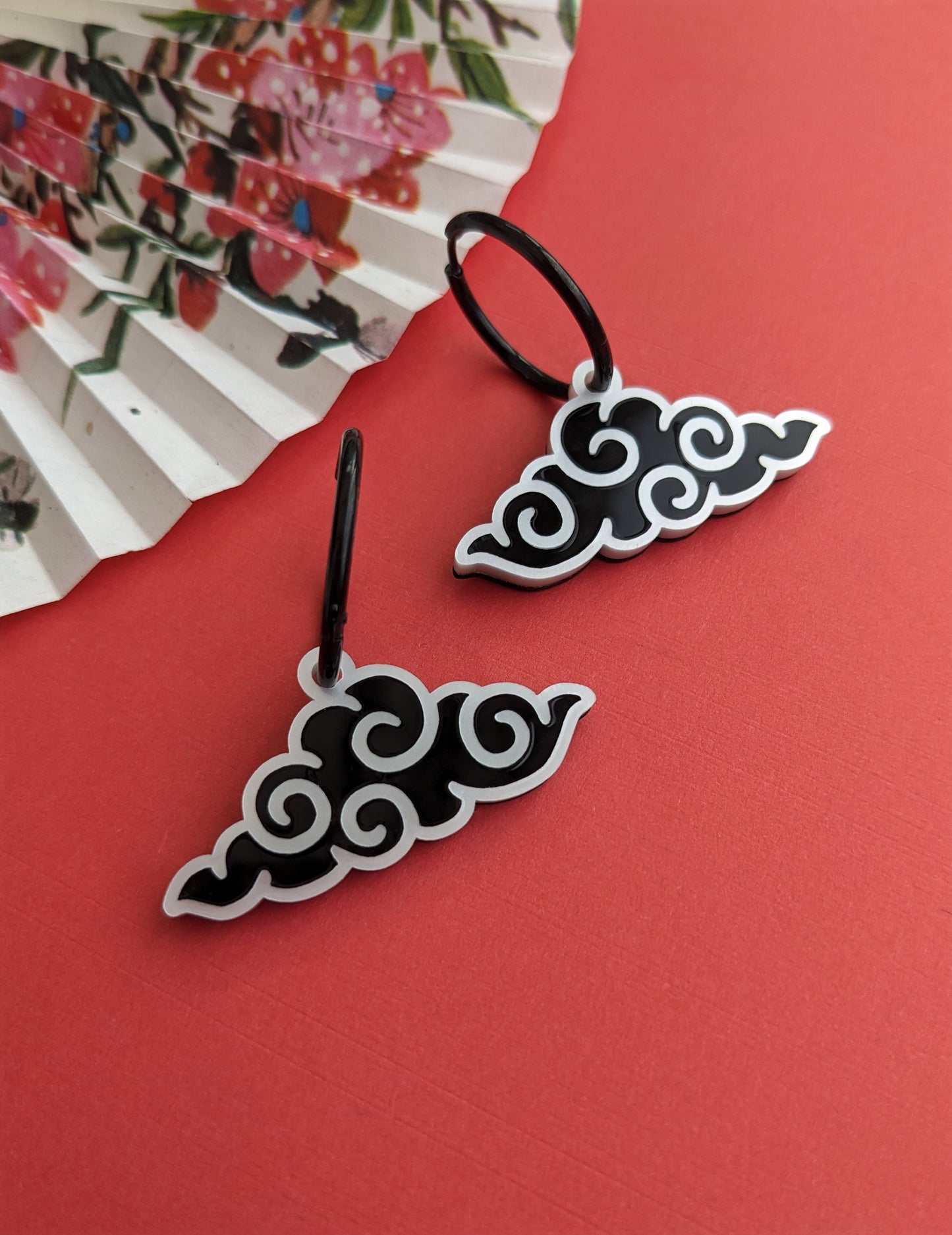 PRE ORDER Chinese Inspired Cloud Hoop Earrings Black & White (2 types)