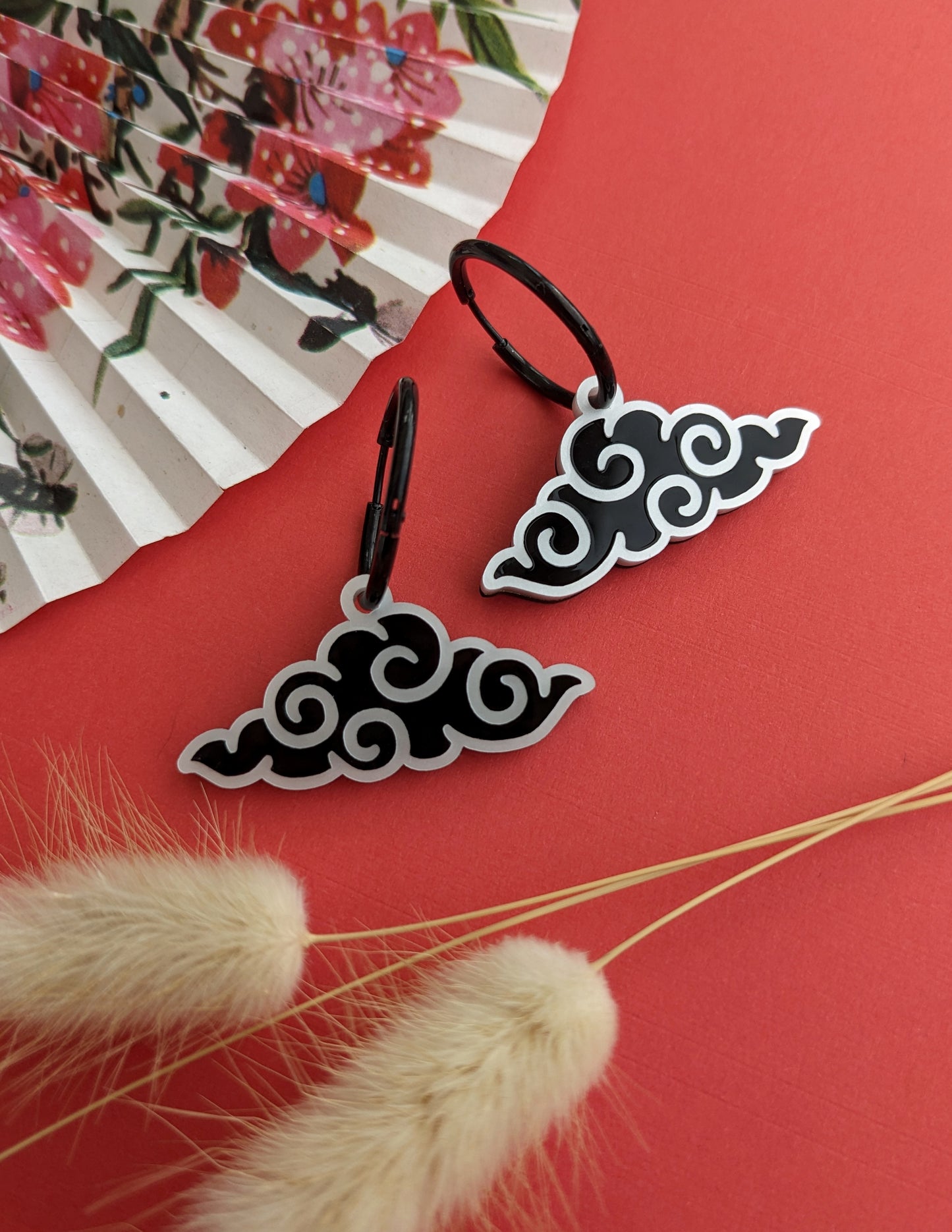 PRE ORDER Chinese Inspired Cloud Hoop Earrings Black & White (2 types)