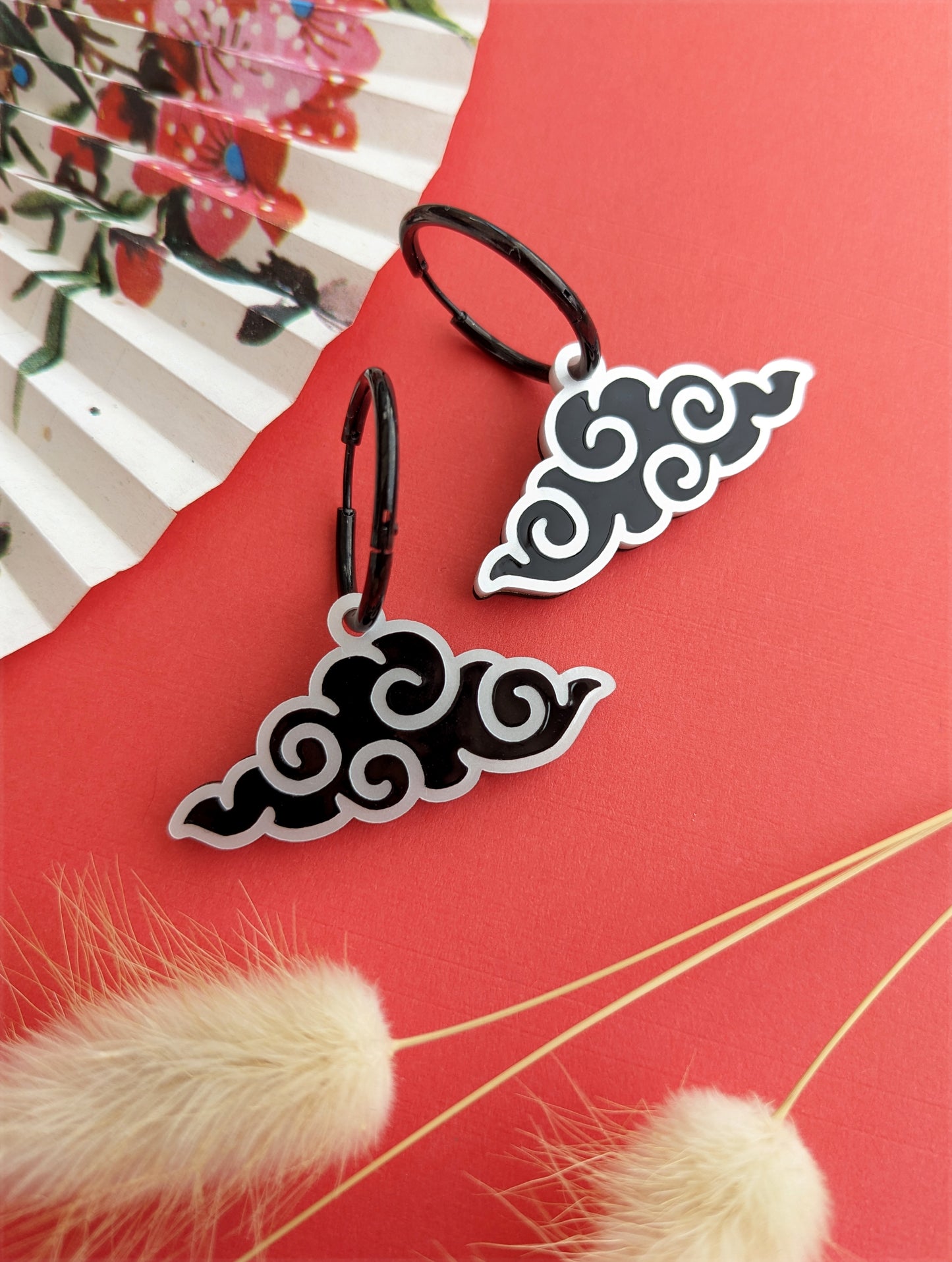 PRE ORDER Chinese Inspired Cloud Hoop Earrings Black & White (2 types)