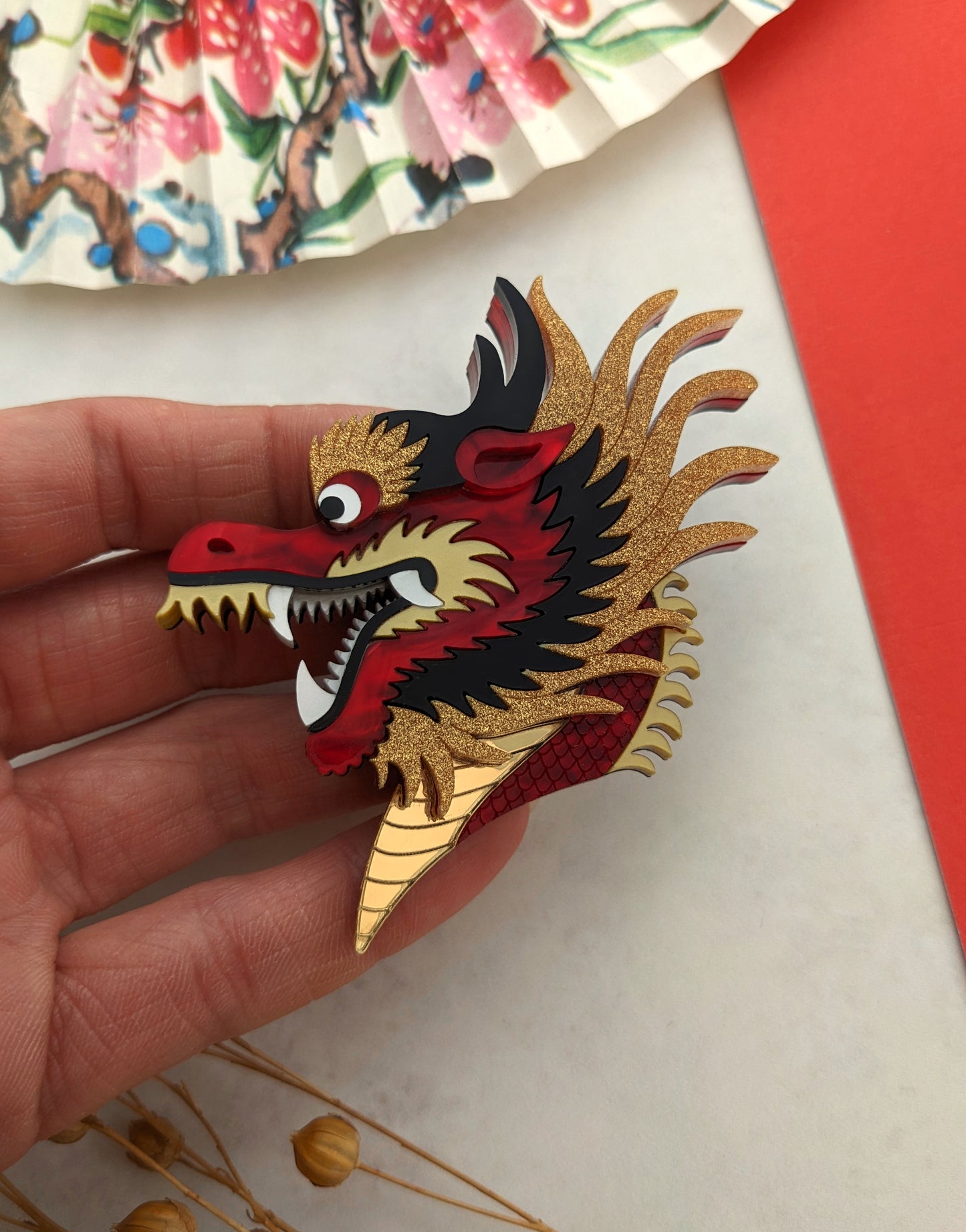 PRE ORDER Chinese Dragon Head Brooch RED
