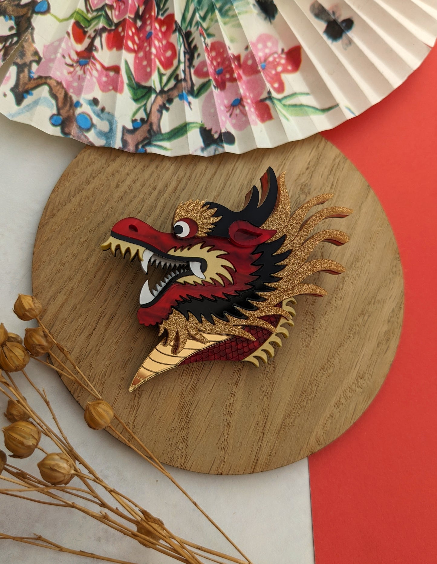 PRE ORDER Chinese Dragon Head Brooch RED