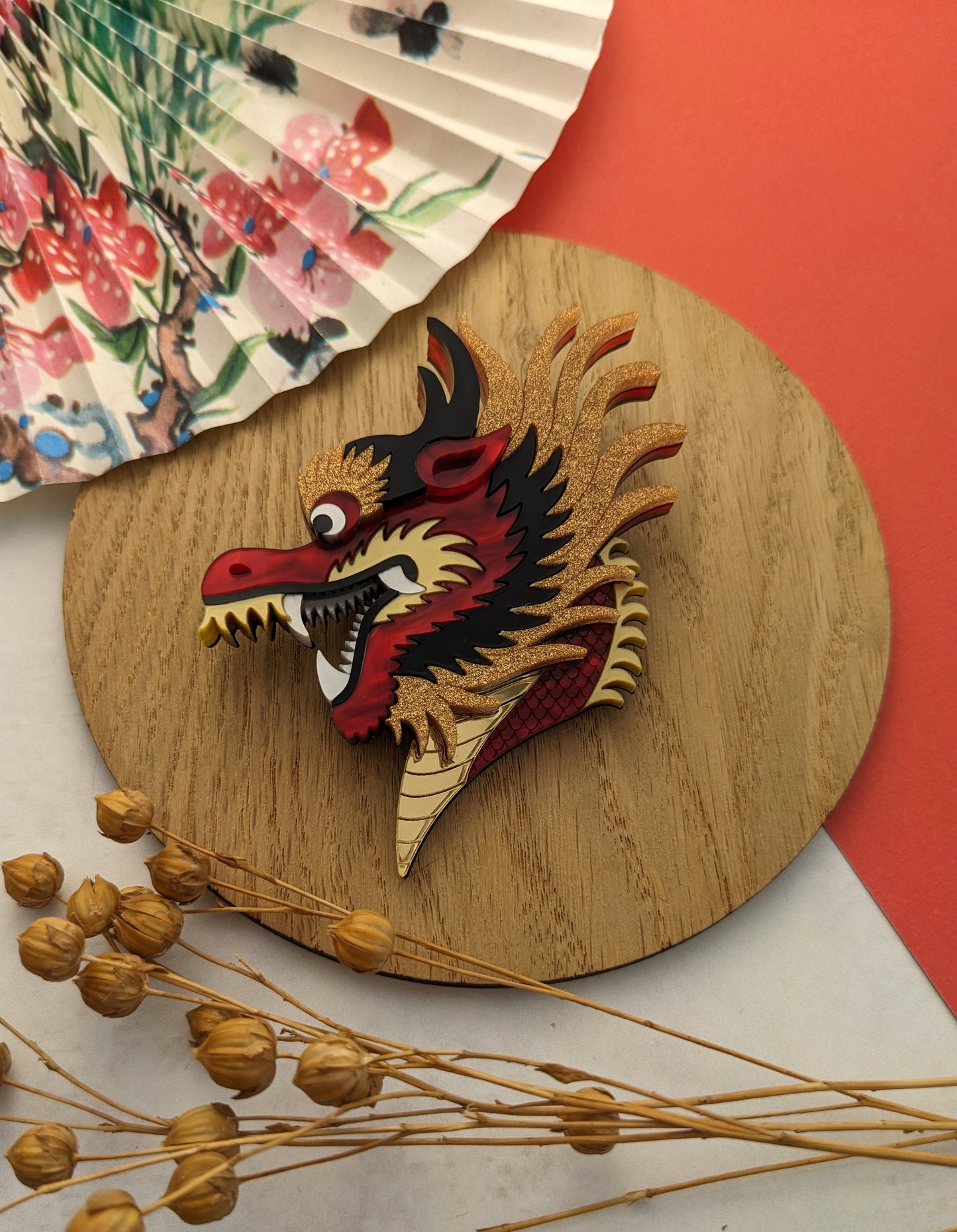 PRE ORDER Chinese Dragon Head Brooch RED