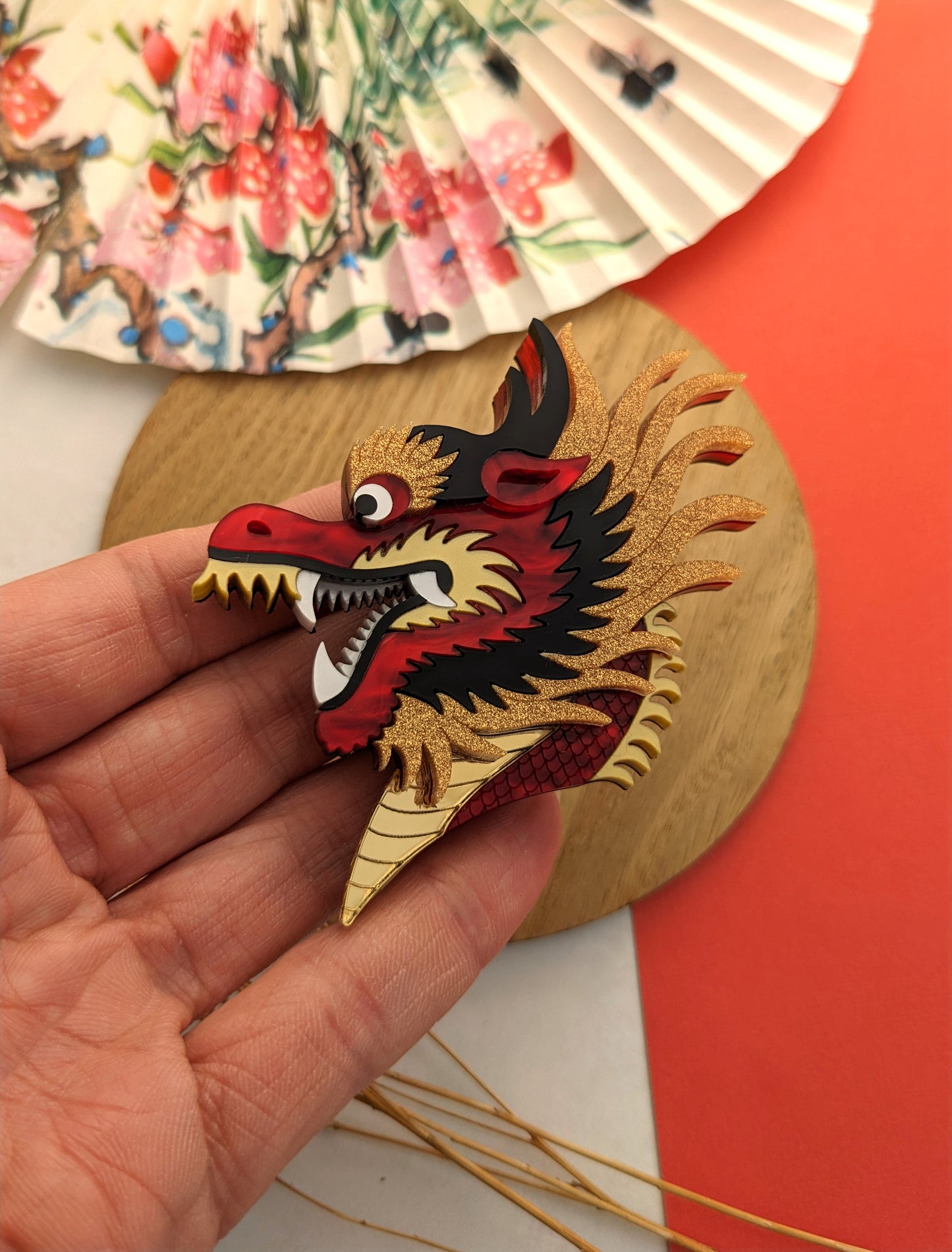 PRE ORDER Chinese Dragon Head Brooch RED