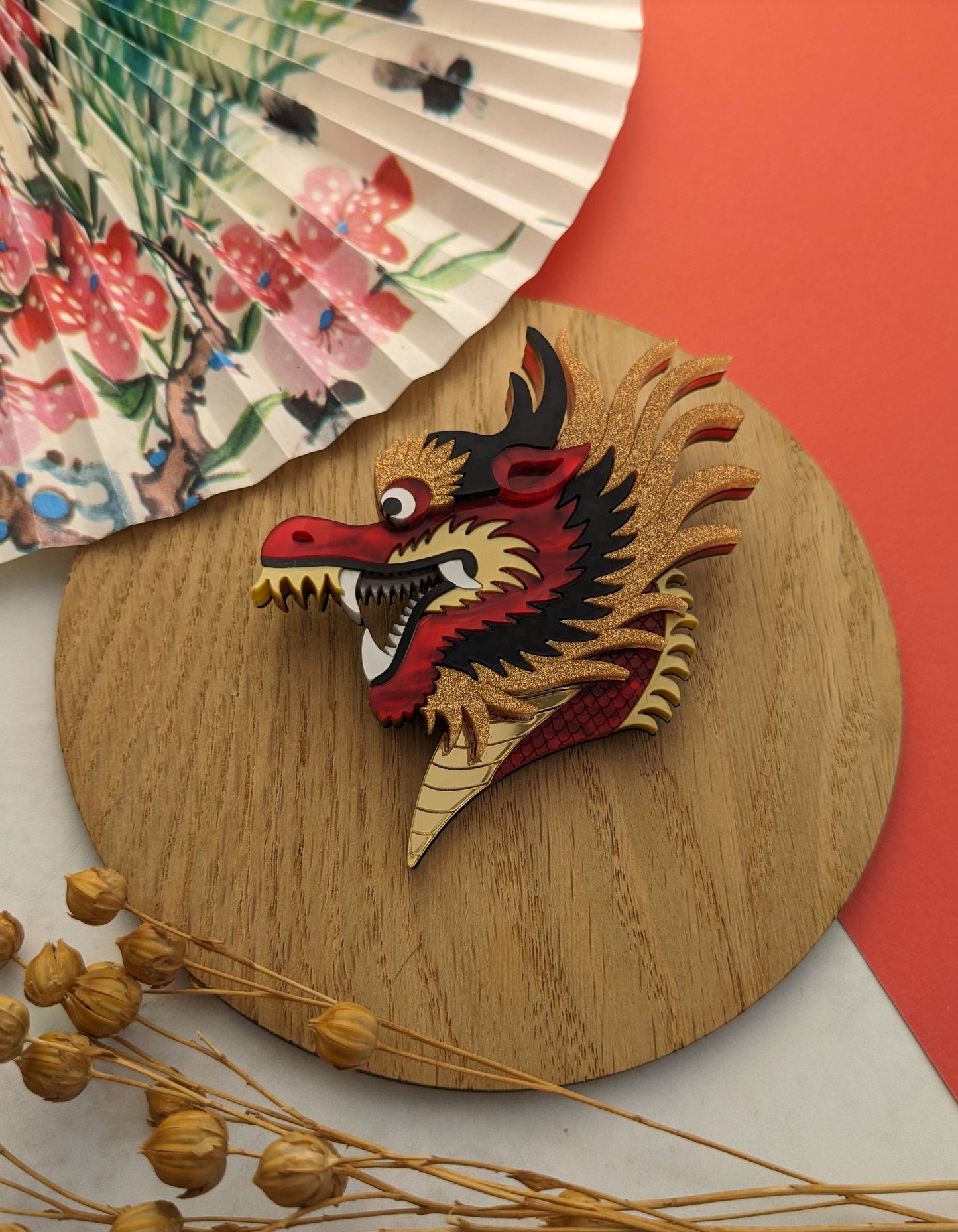 PRE ORDER Chinese Dragon Head Brooch RED