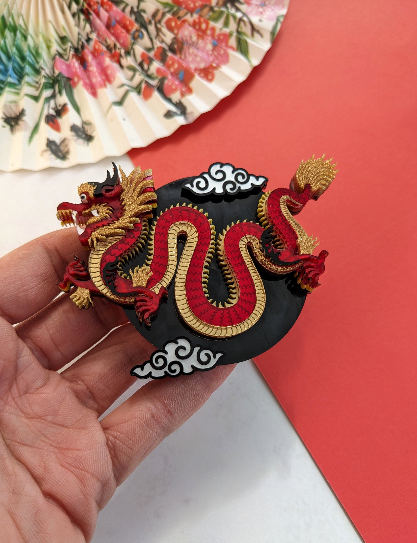 PRE ORDER Chinese Dragon Brooch or Necklace RED