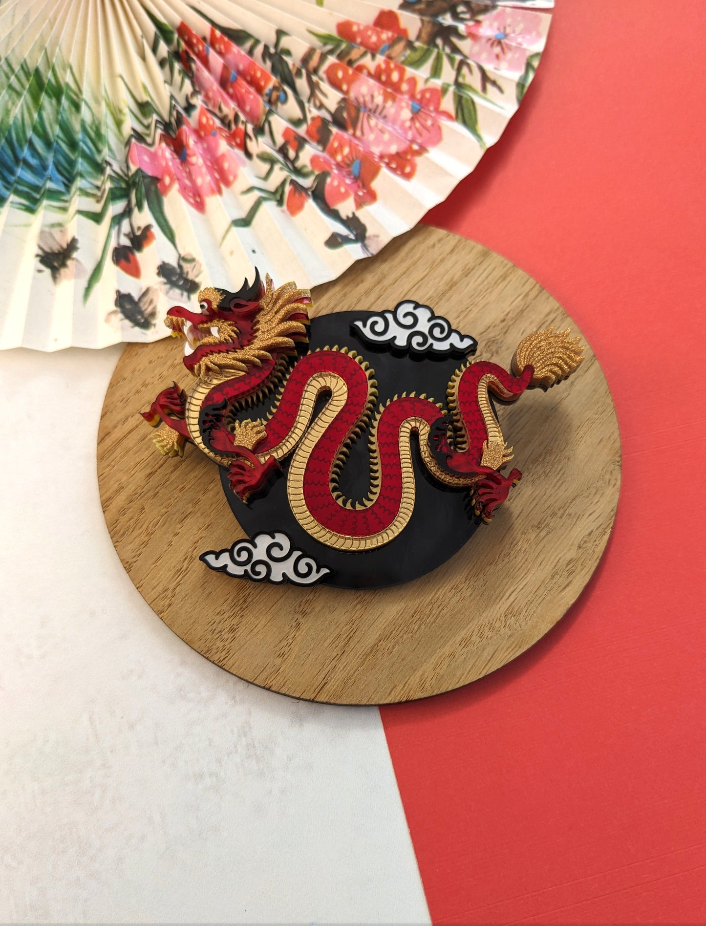 PRE ORDER Chinese Dragon Brooch or Necklace RED
