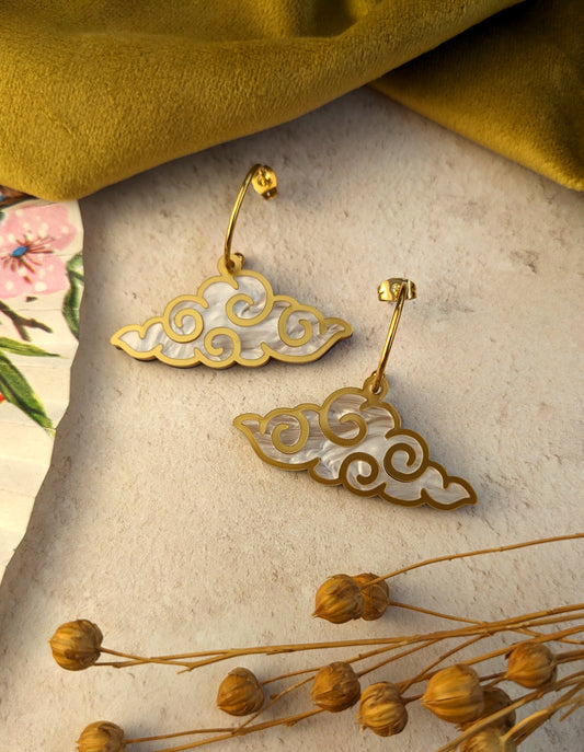 PRE ORDER Chinese Inspired Cloud Hoop Earrings Gold & White