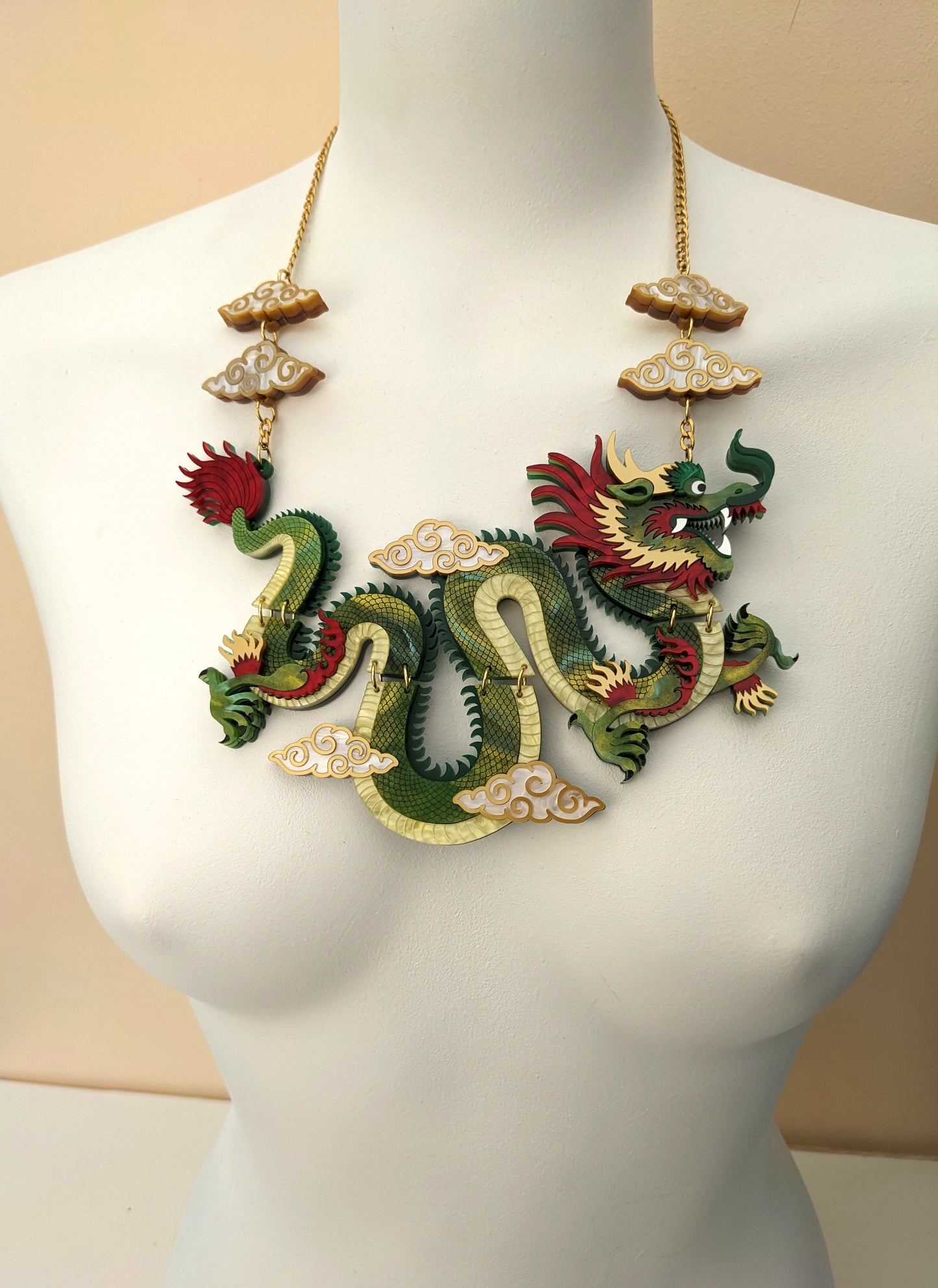 PRE ORDER Statement Chinese Dragon Necklace With Clouds GREEN