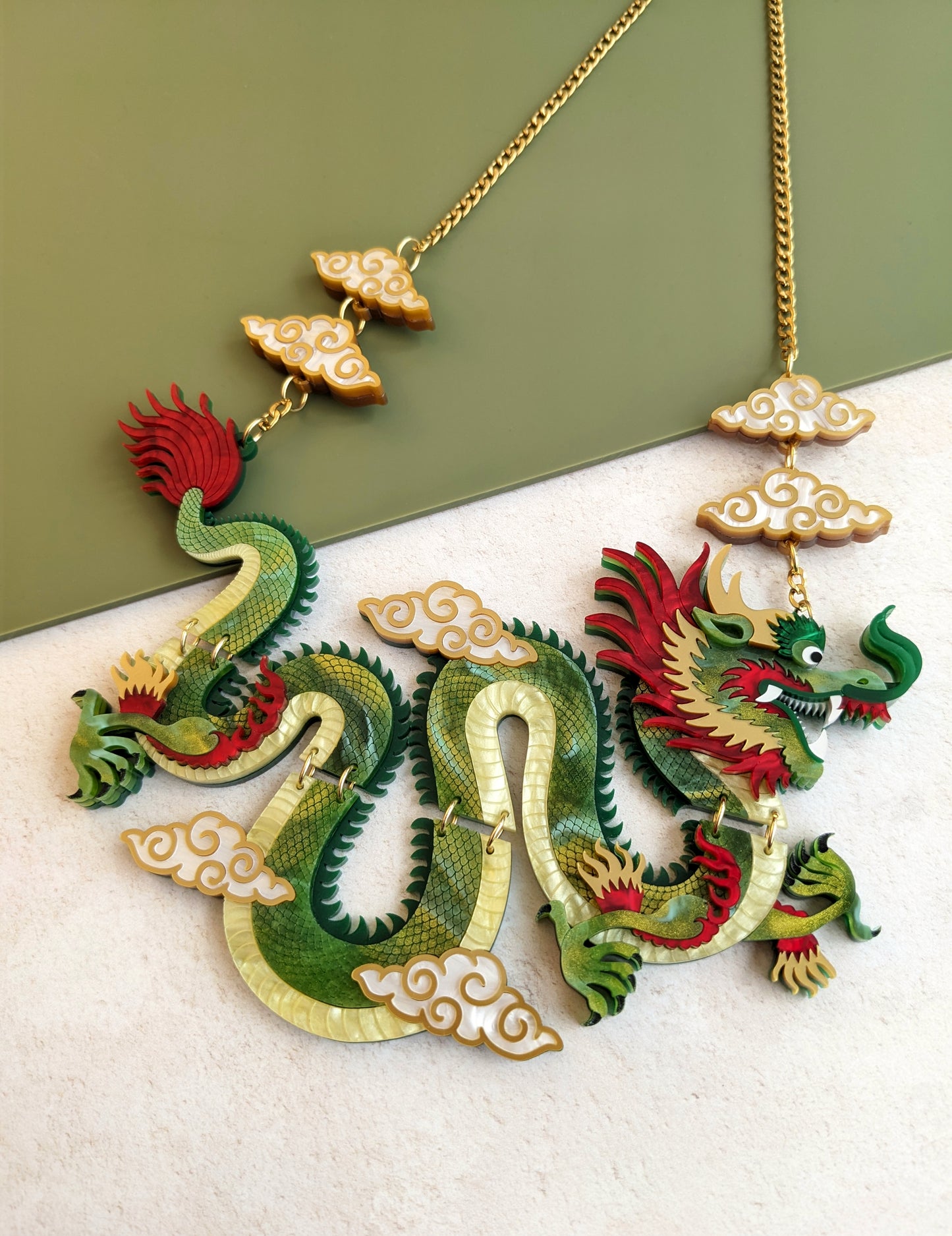PRE ORDER Statement Chinese Dragon Necklace With Clouds GREEN