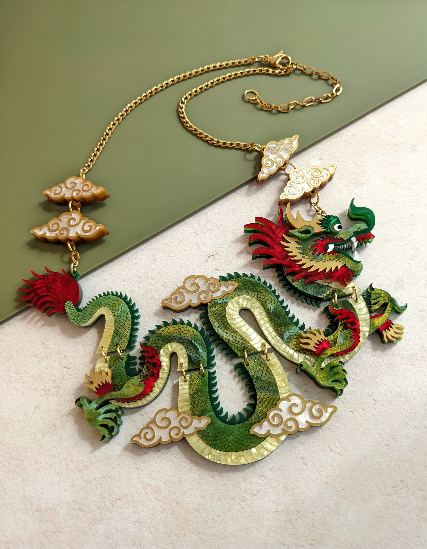 PRE ORDER Statement Chinese Dragon Necklace With Clouds GREEN