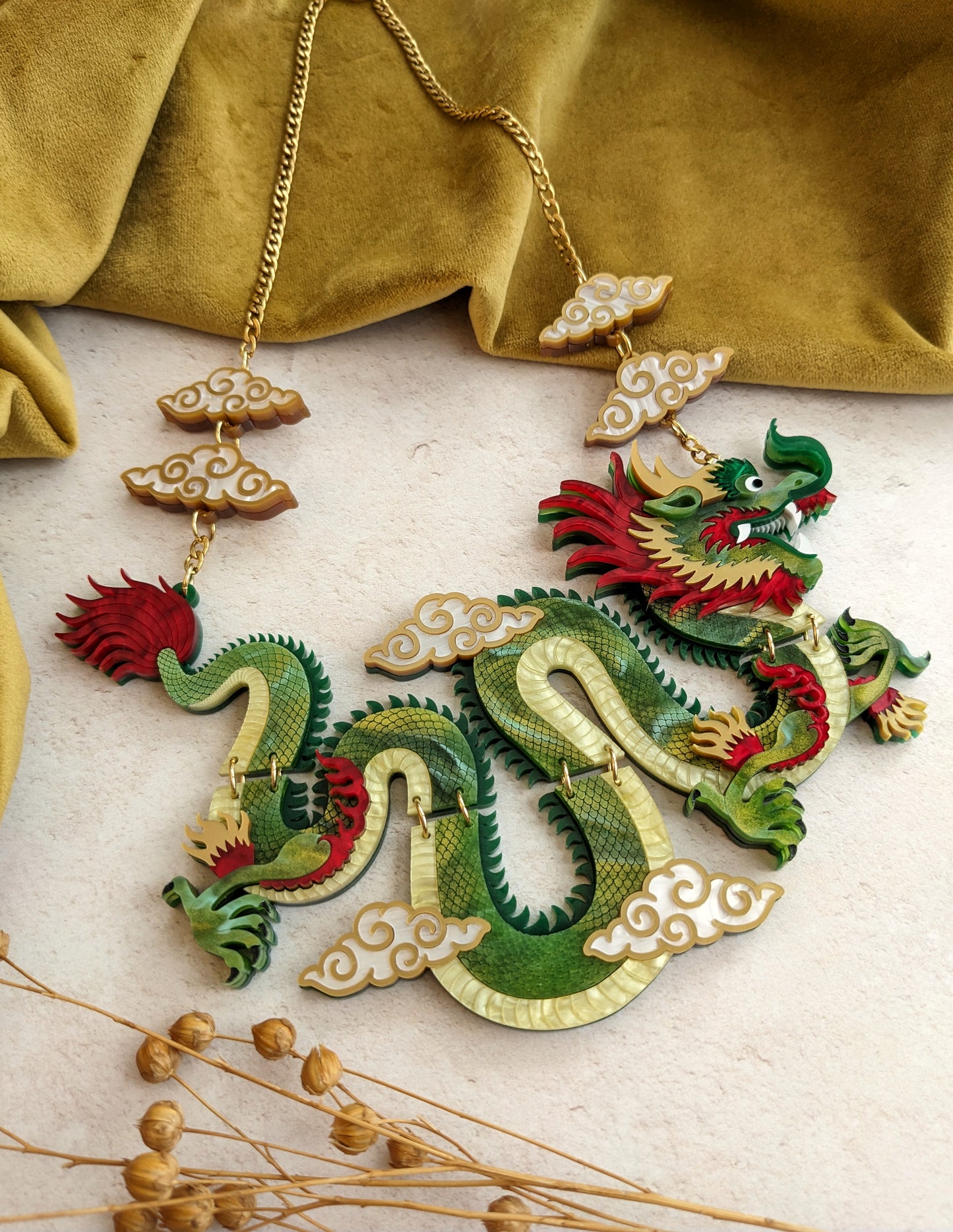 PRE ORDER Statement Chinese Dragon Necklace With Clouds GREEN
