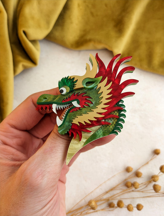 PRE ORDER Chinese Dragon Head Brooch GREEN