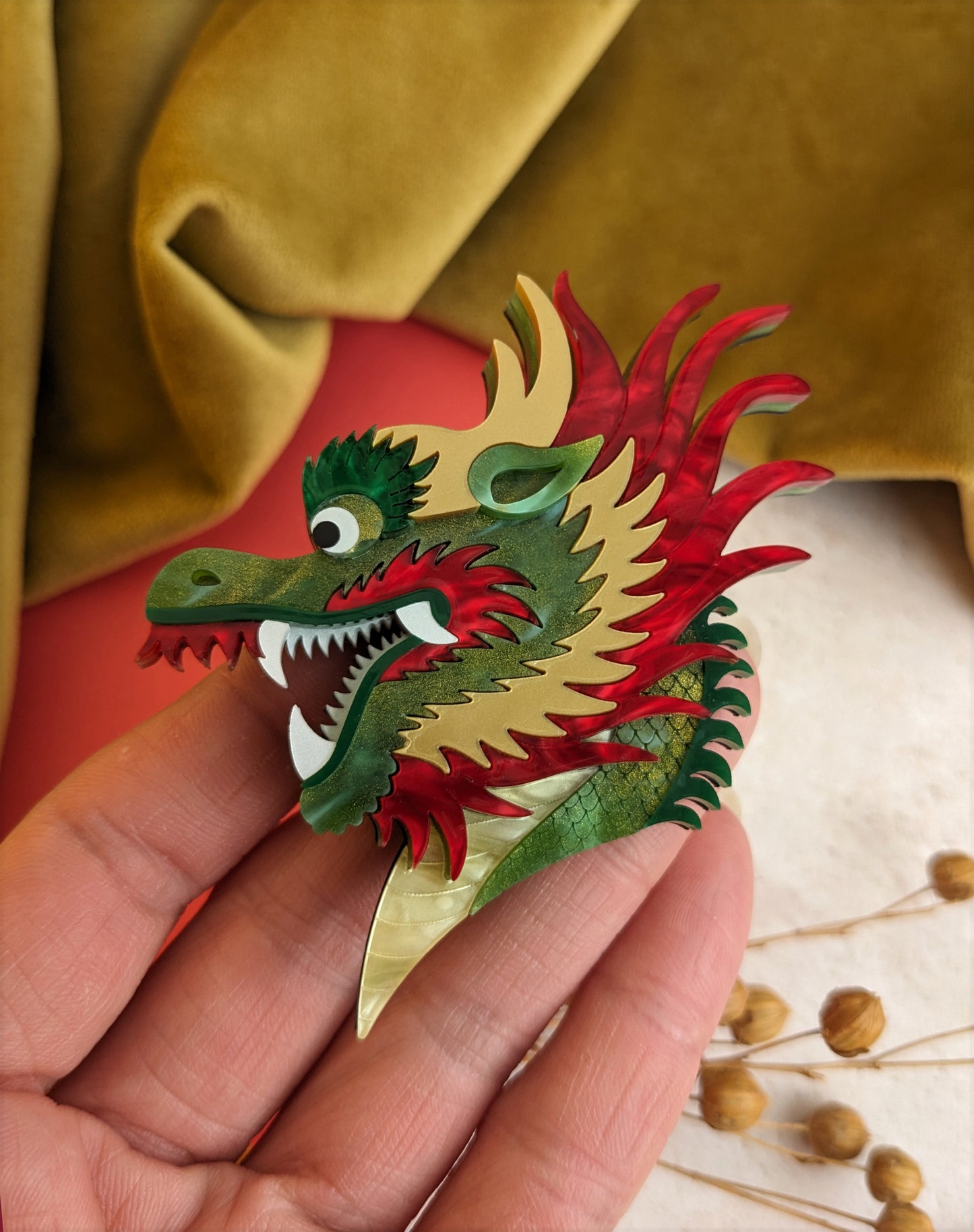PRE ORDER Chinese Dragon Head Brooch GREEN