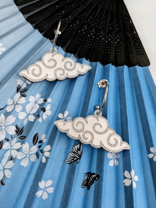 PRE ORDER Chinese Inspired Cloud Hoop Earrings Silver & White