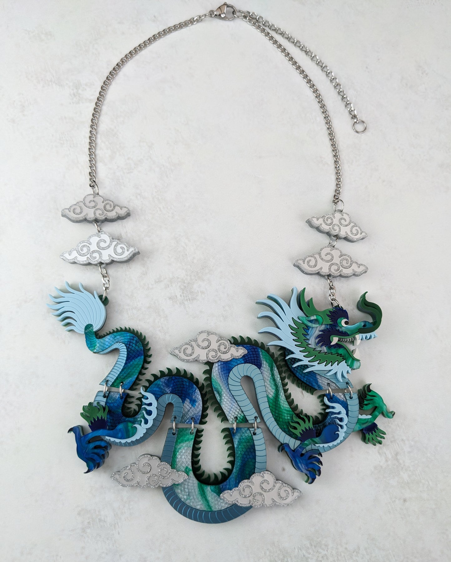 PRE ORDER Statement Chinese Dragon Necklace With Clouds BLUE/GREEN