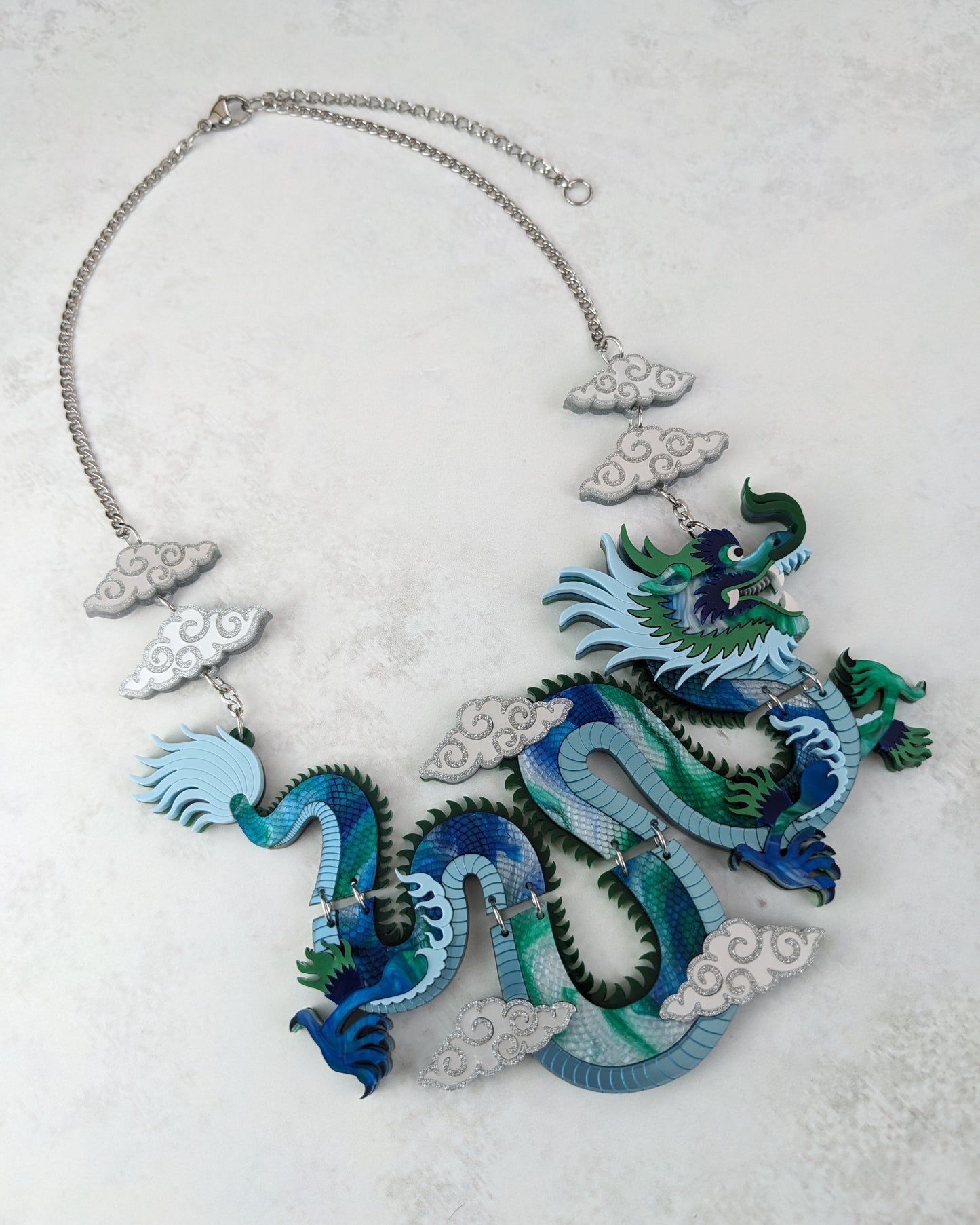 PRE ORDER Statement Chinese Dragon Necklace With Clouds BLUE/GREEN
