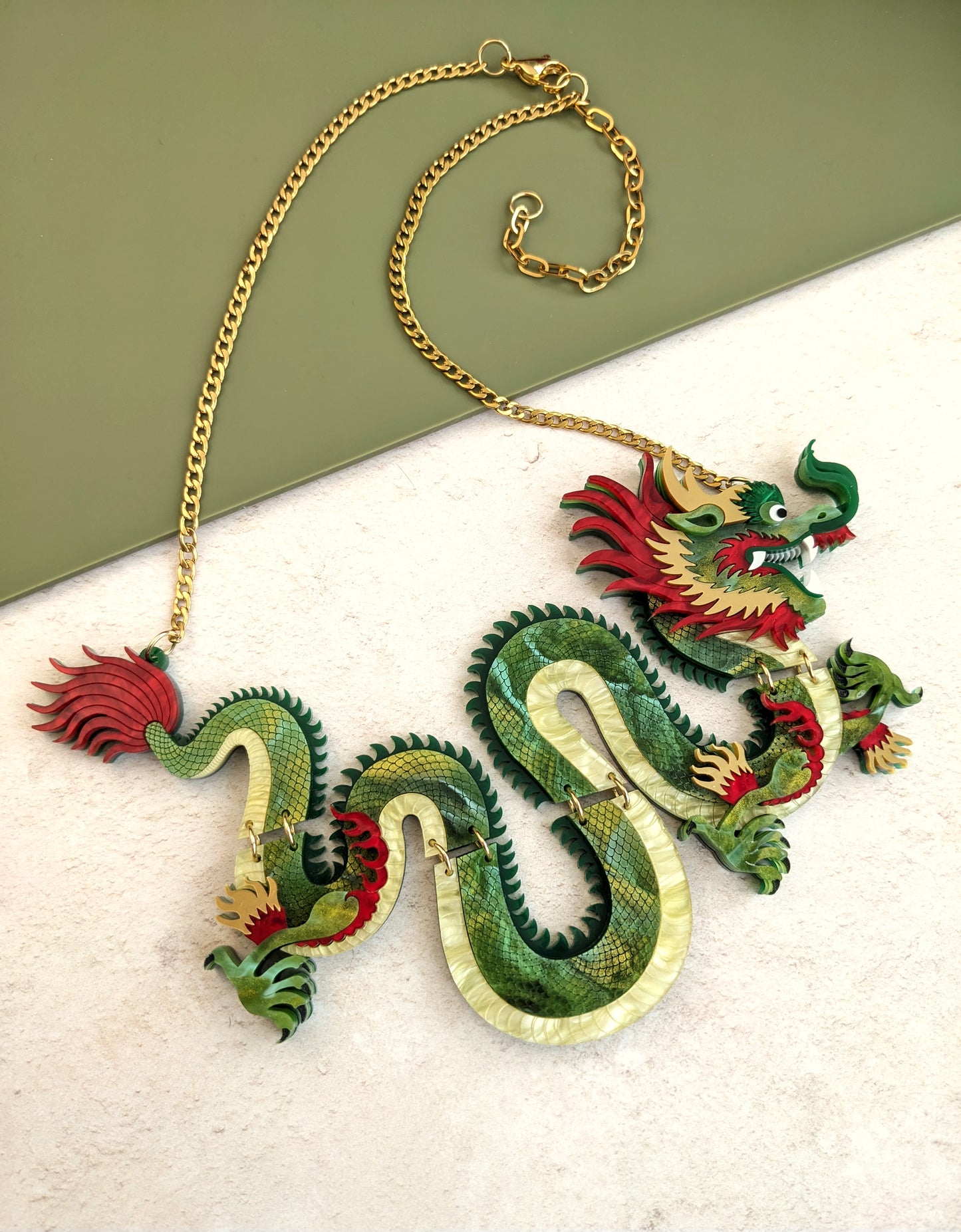 PRE ORDER Statement Chinese Dragon Necklace Without Clouds GREEN