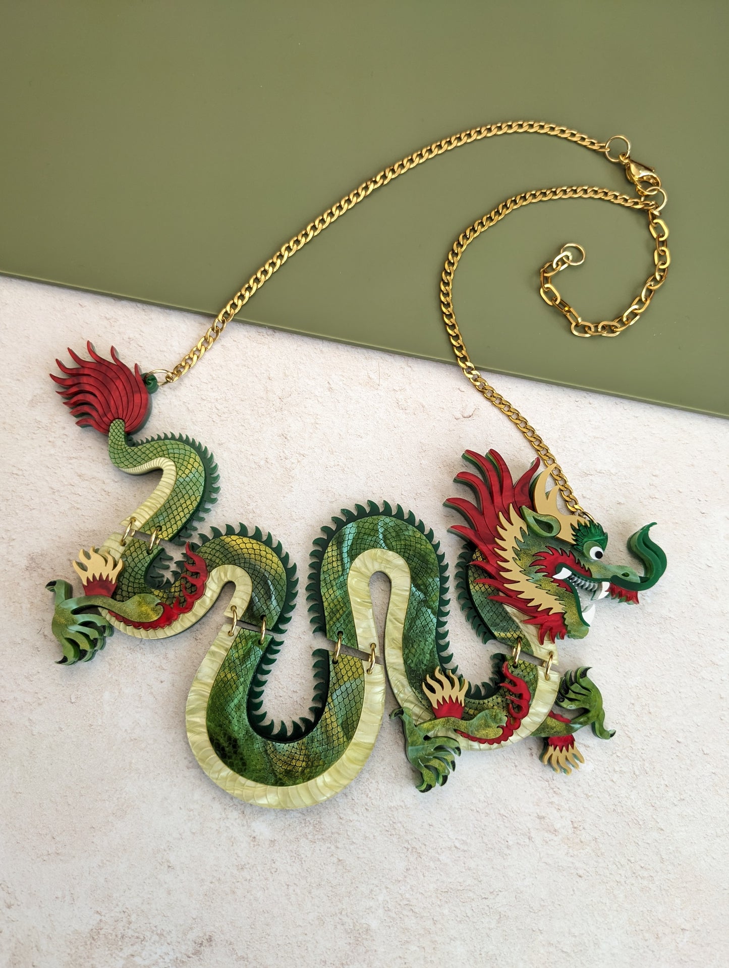 PRE ORDER Statement Chinese Dragon Necklace Without Clouds GREEN