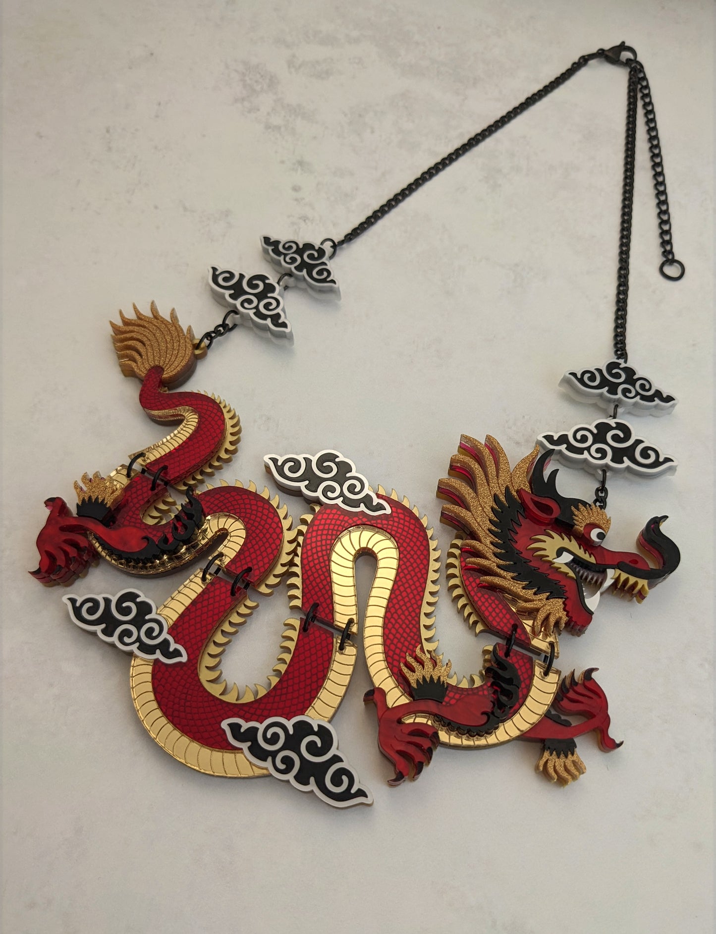 PRE ORDER Statement Chinese Dragon Necklace With Clouds RED