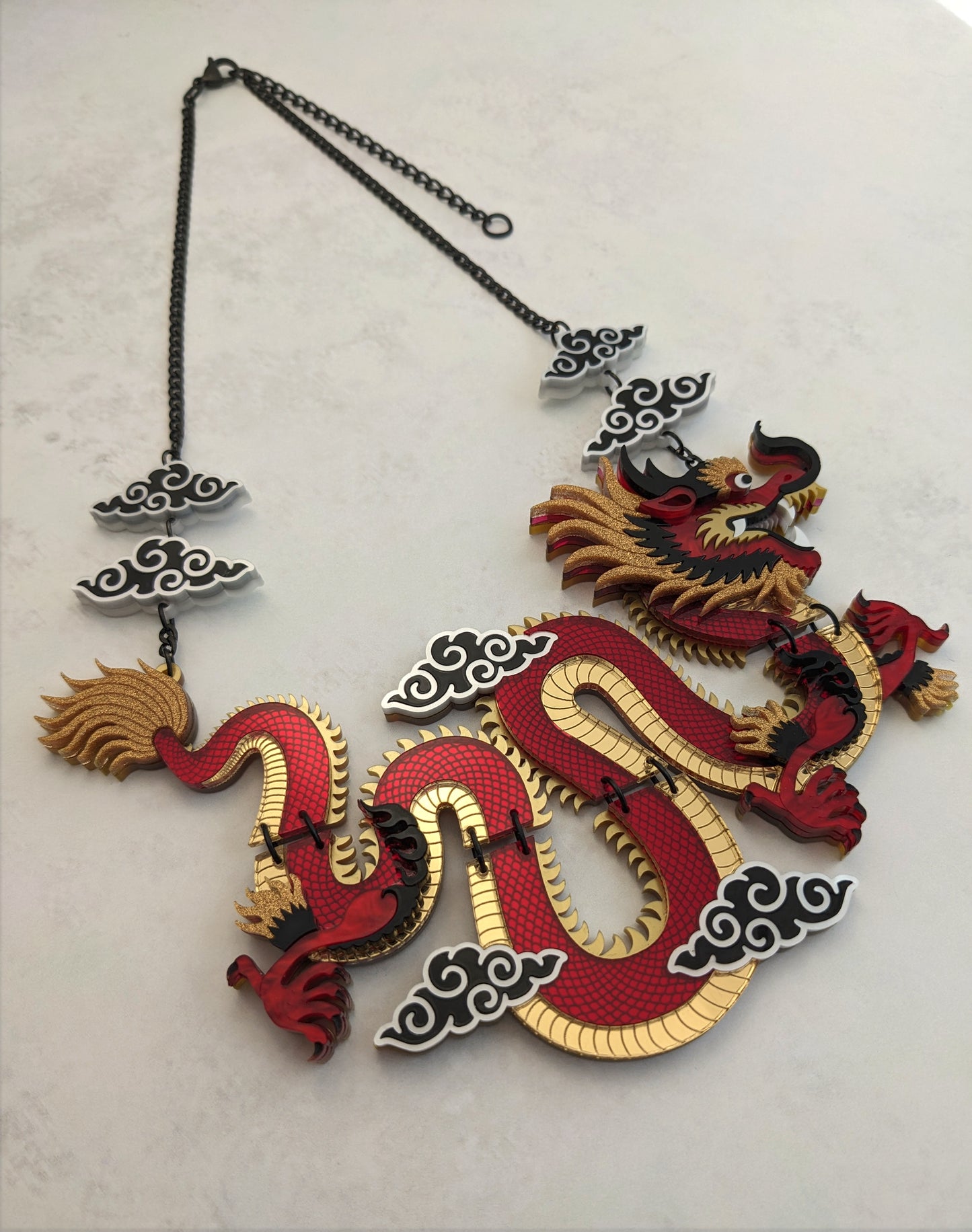 PRE ORDER Statement Chinese Dragon Necklace With Clouds RED