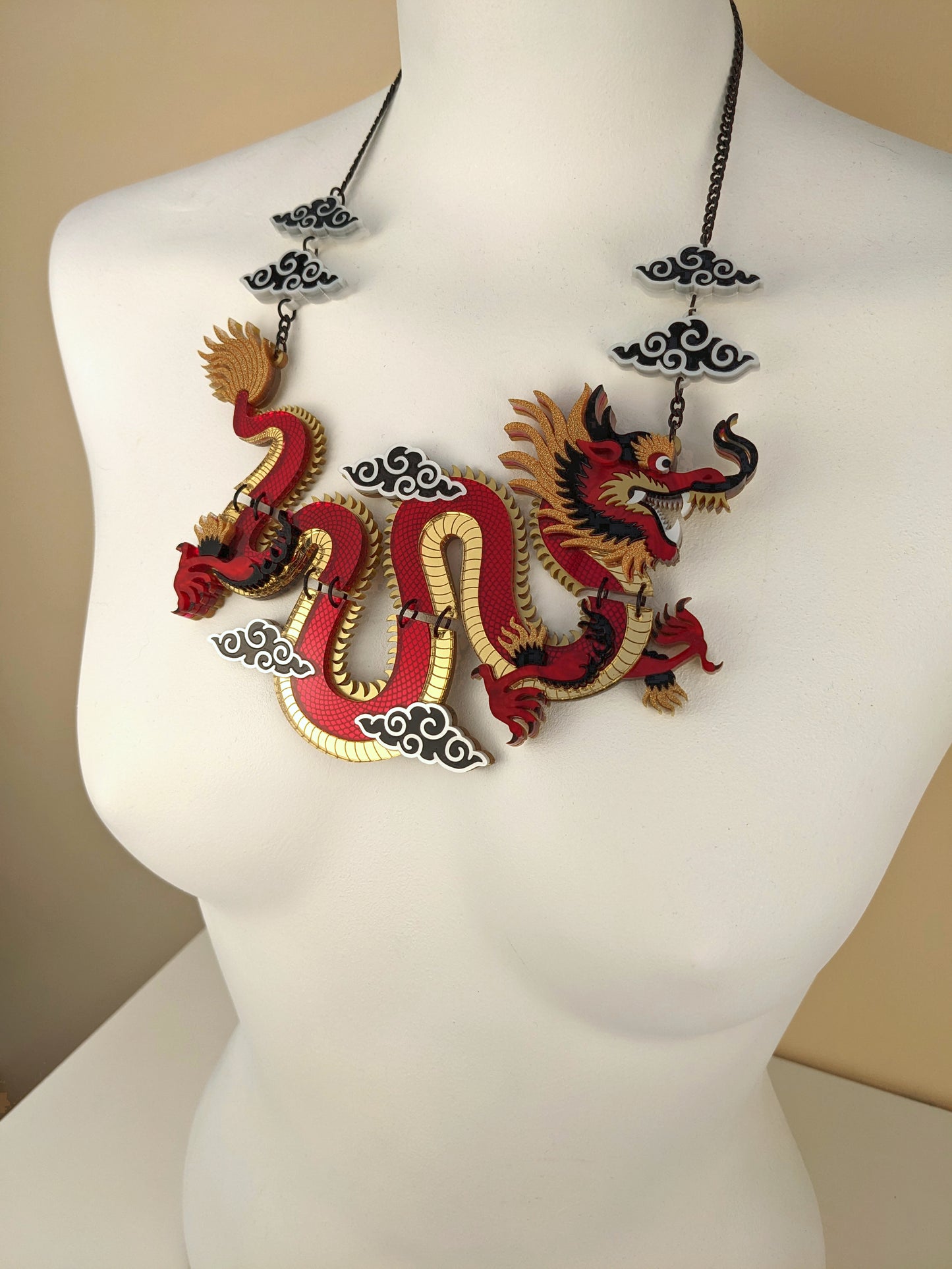 PRE ORDER Statement Chinese Dragon Necklace With Clouds RED