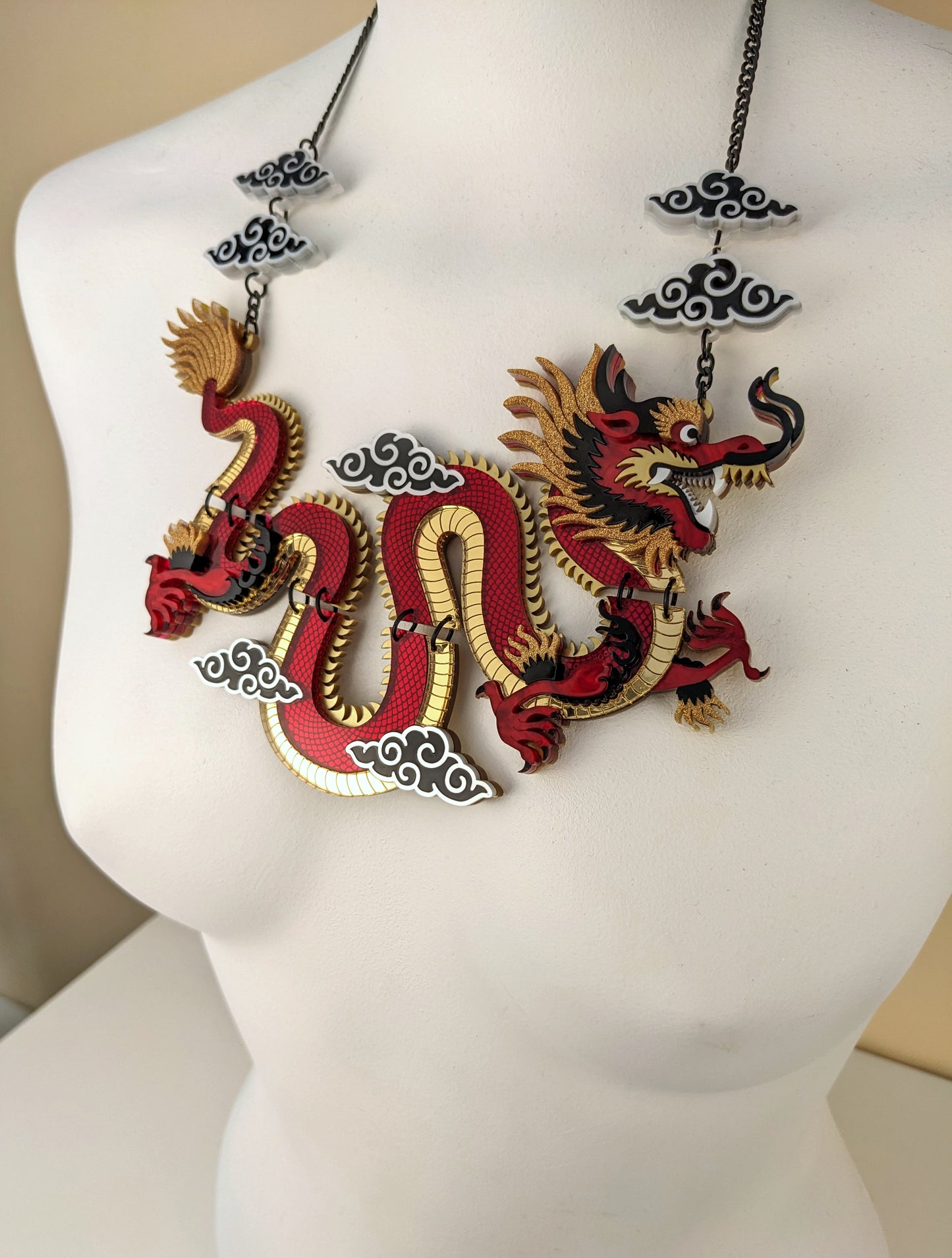 PRE ORDER Statement Chinese Dragon Necklace With Clouds RED