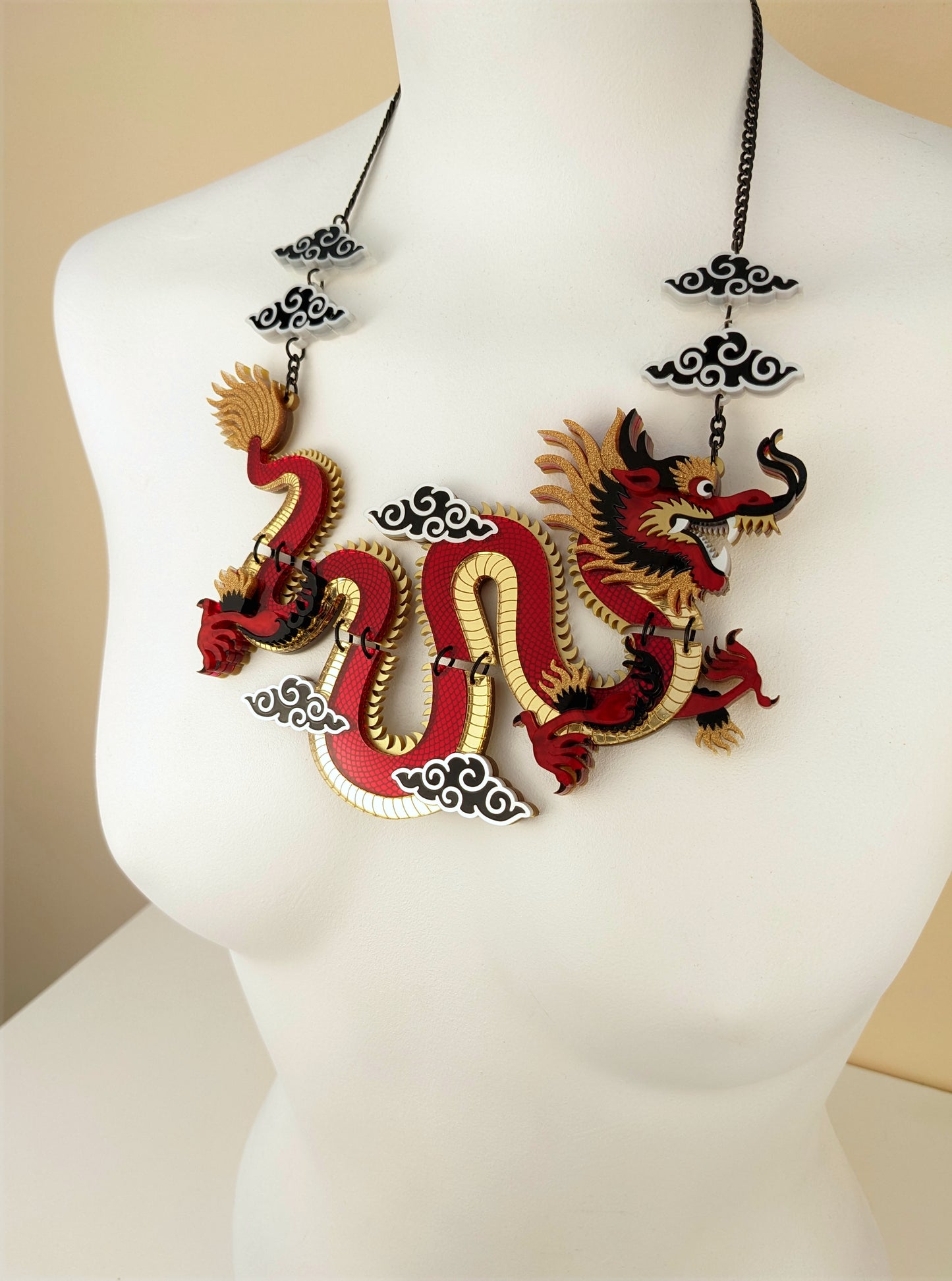 PRE ORDER Statement Chinese Dragon Necklace With Clouds RED