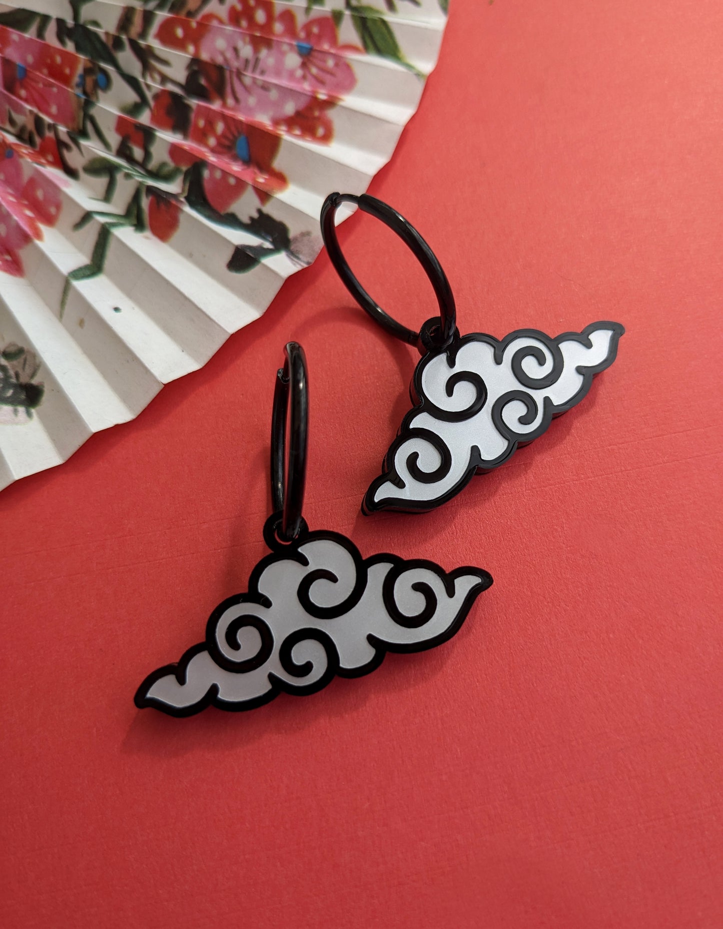 PRE ORDER Chinese Inspired Cloud Hoop Earrings Black & White (2 types)