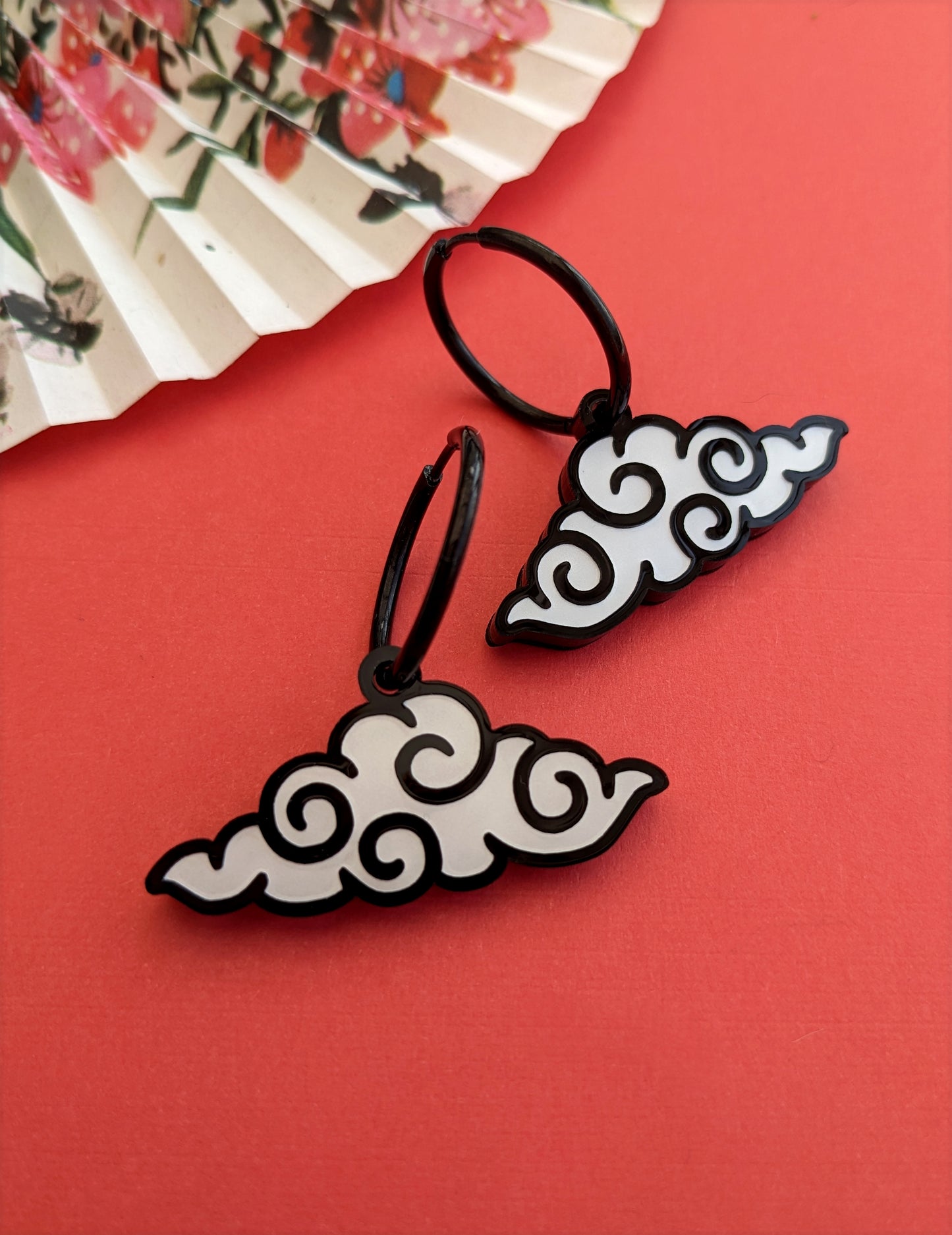PRE ORDER Chinese Inspired Cloud Hoop Earrings Black & White (2 types)