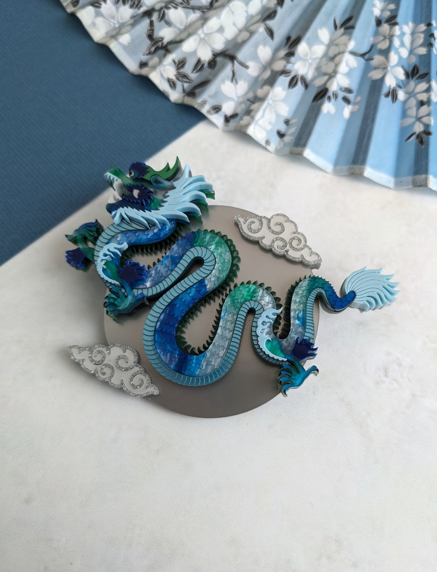 PRE ORDER Chinese Dragon Brooch or Necklace BLUE/GREEN