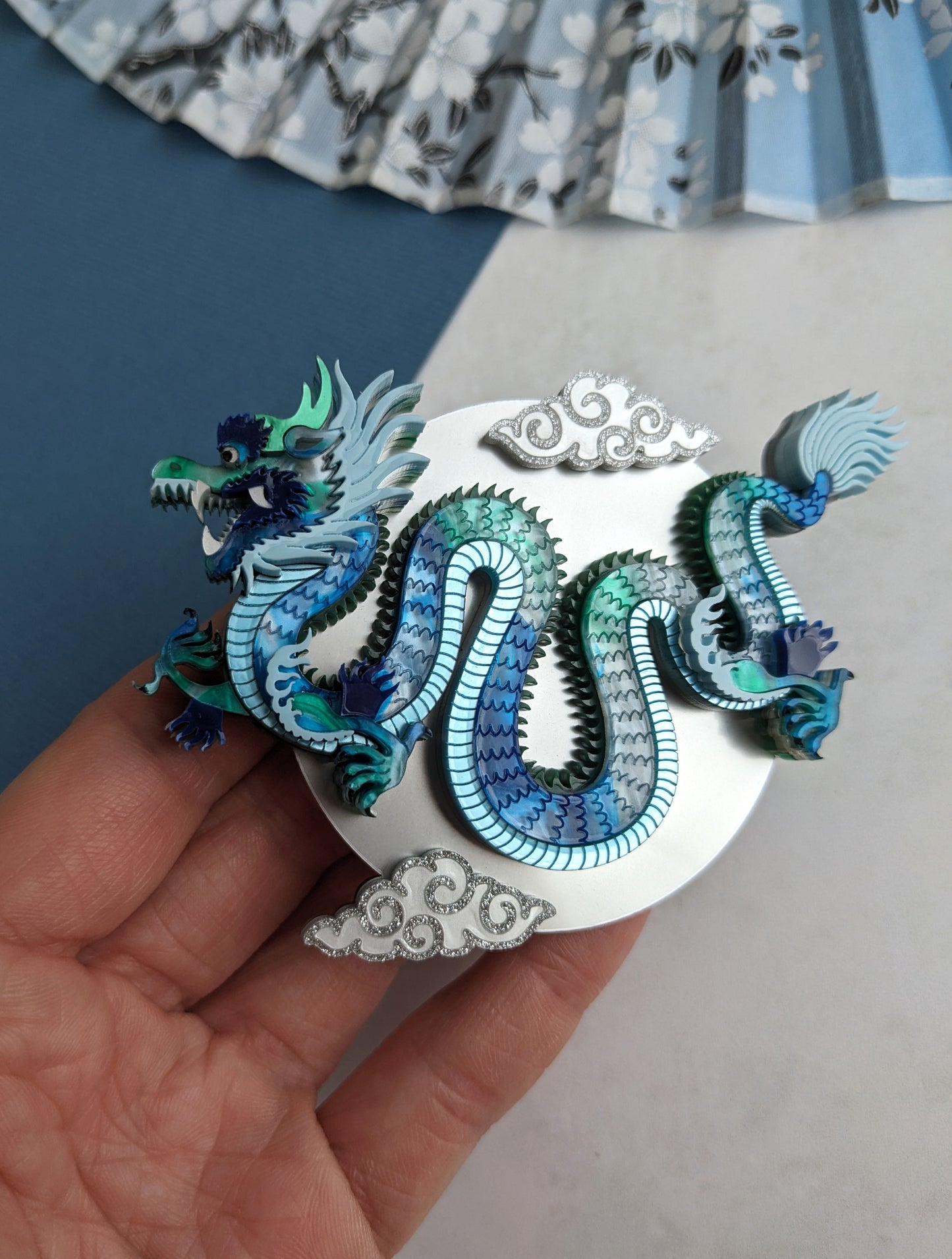 PRE ORDER Chinese Dragon Brooch or Necklace BLUE/GREEN