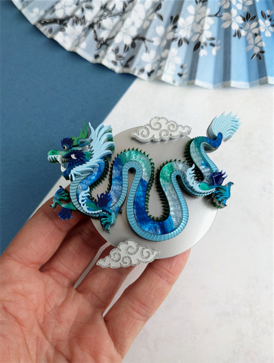 PRE ORDER Chinese Dragon Brooch or Necklace BLUE/GREEN