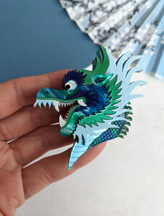 PRE ORDER Chinese Dragon Head Brooch BLUE/GREEN