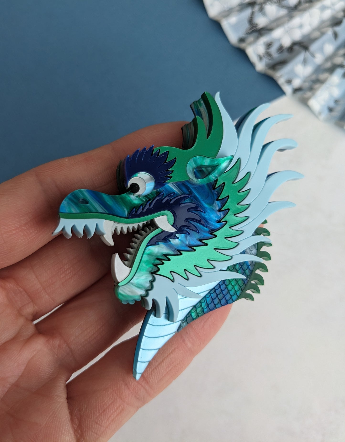 PRE ORDER Chinese Dragon Head Brooch BLUE/GREEN